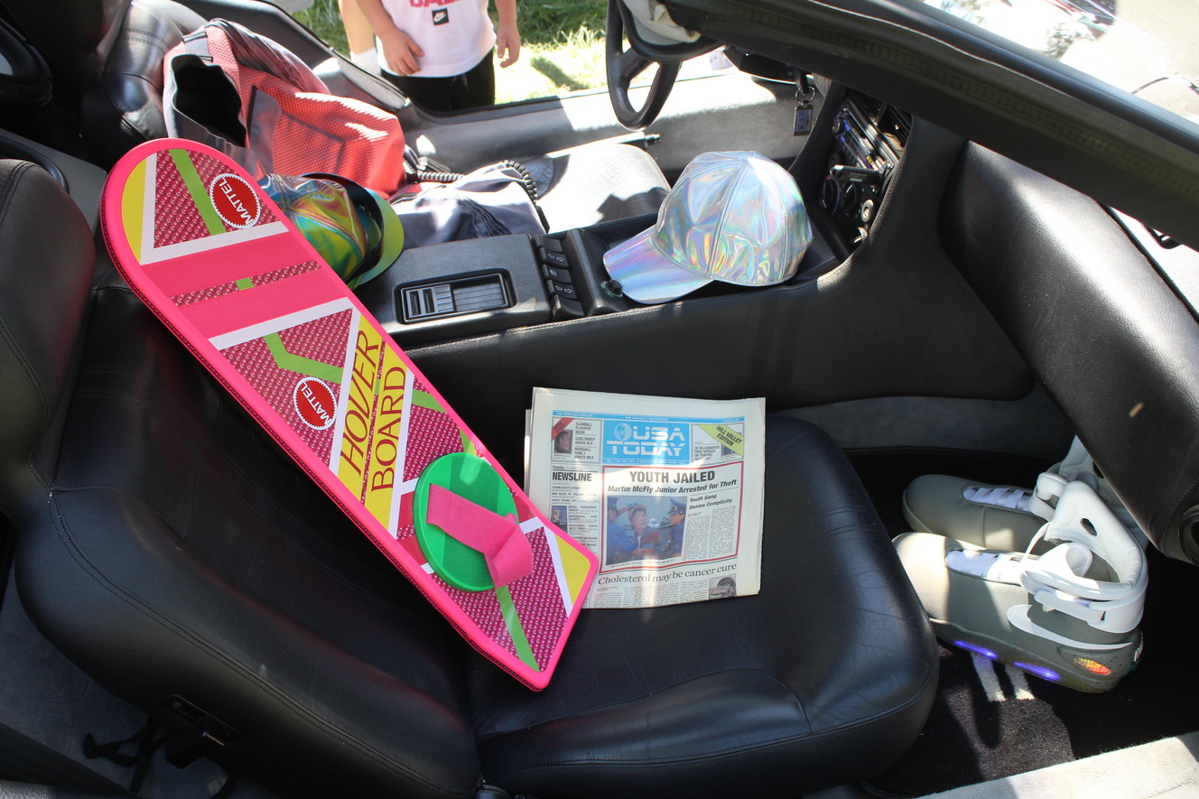 Movie props fill the interior of Kendall Call's "Back to the Future" look-a-like 1983 DeLorean DMC-12. (Photo: Brian Champagne)