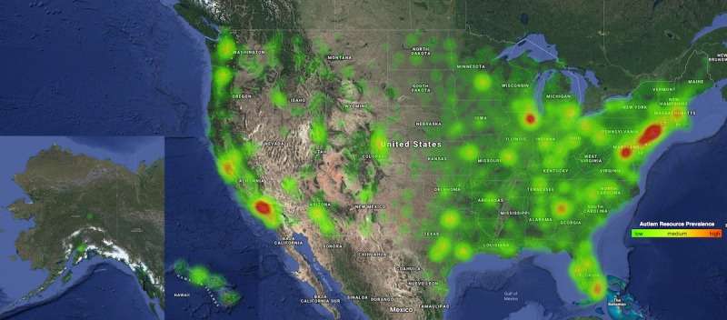 Density and distribution of autism resources in the U.S., where red indicates a high density of resources. (Copyright Michael Ning, Jena Daniels, Jessey Schwartz, Kaitlyn Dunlap, Peter Washington, Haik Kalantarian, Michael Du, Dennis P Wall. Originally published in the Journal of Medical Internet Research, https://www.ncbi.nlm.nih.gov/pmc/articles/PMC6652124/figure/figure2/)