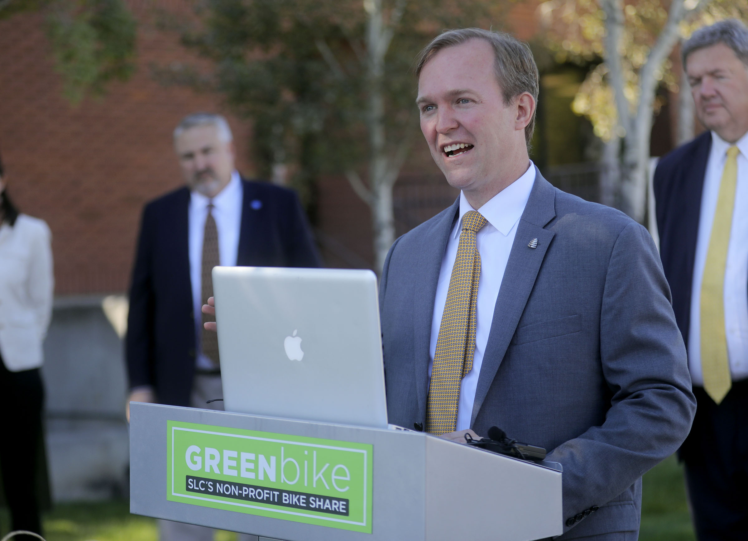 Rep. Ben McAdams, D-Utah, speaks during a press conference a press conference in South Salt Lake on Thursday, Oct. 3, 2019, announcing the expansion of the bicycle sharing program. The bikes' availability has been expanded to cover 8 square miles, from 2100 South to North Temple and 700 West to 900 East. (Kristin Murphy, KSL)