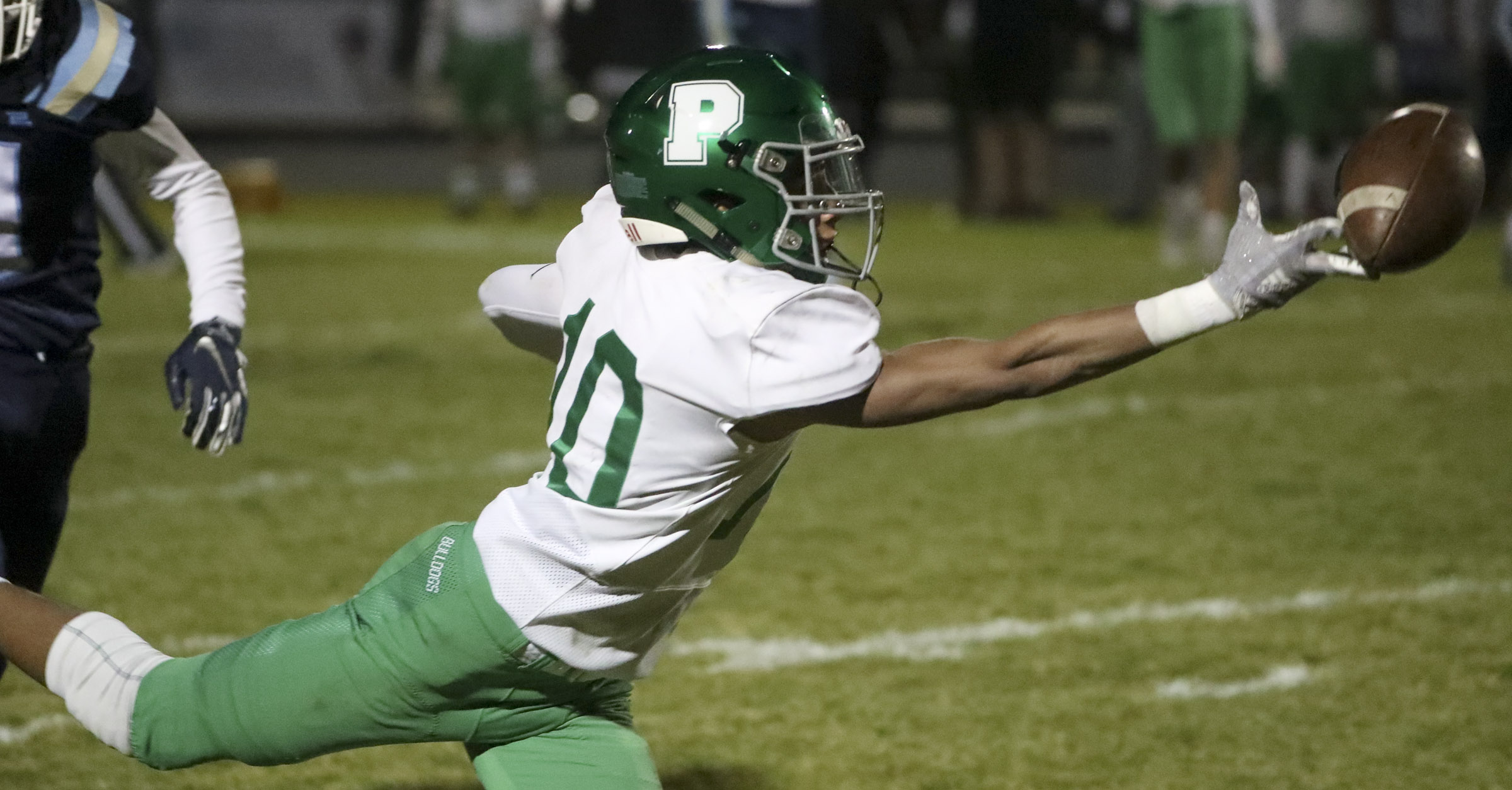Provo wide receiver Alex Myles-Mills stretches for a pass that skips off his fingertips during game against Salem Hills in Salem on Friday, Oct. 4, 2019. (Photo: Steve Griffin, KSL)