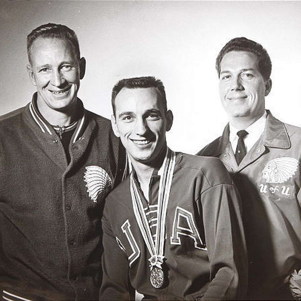 Utah’s second Olympian and 1964 silver medalist H. Blaine Lindgren, with University of Utah coaches Marv Hess (left) and Gordon Mortsenson (right). Lindgren passed away Saturday afternoon in Payson at the age of 80. (Courtesy: Lindgren family)
