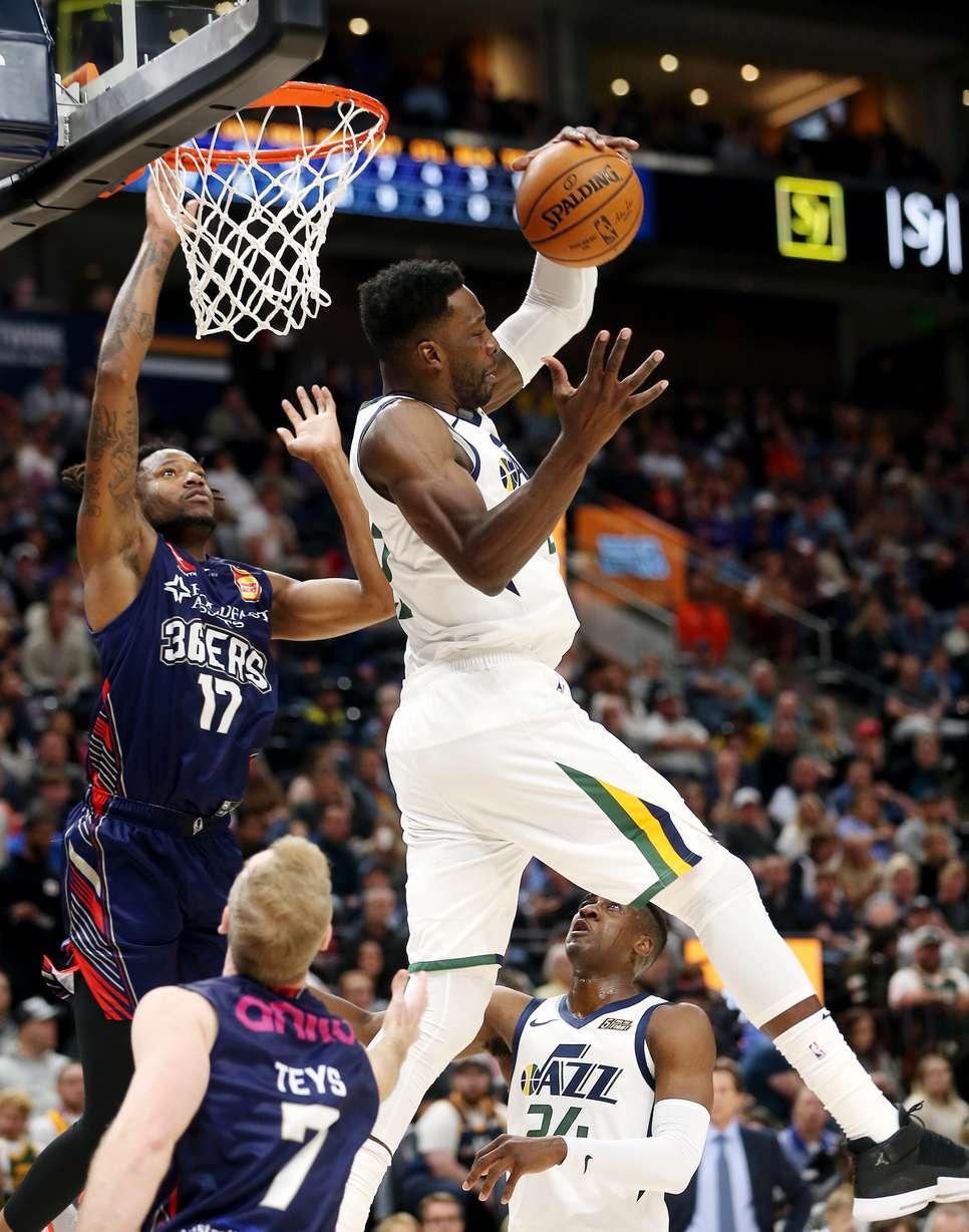 Utah Jazz forward Jeff Green (22) snags the ball out of the air in front of Adelaide 36ers power forward Eric Griffin (17) as the Utah Jazz and the Adelaide 36ers play at Vivint Arena in Salt Lake City on Saturday, Oct. 5, 2019.