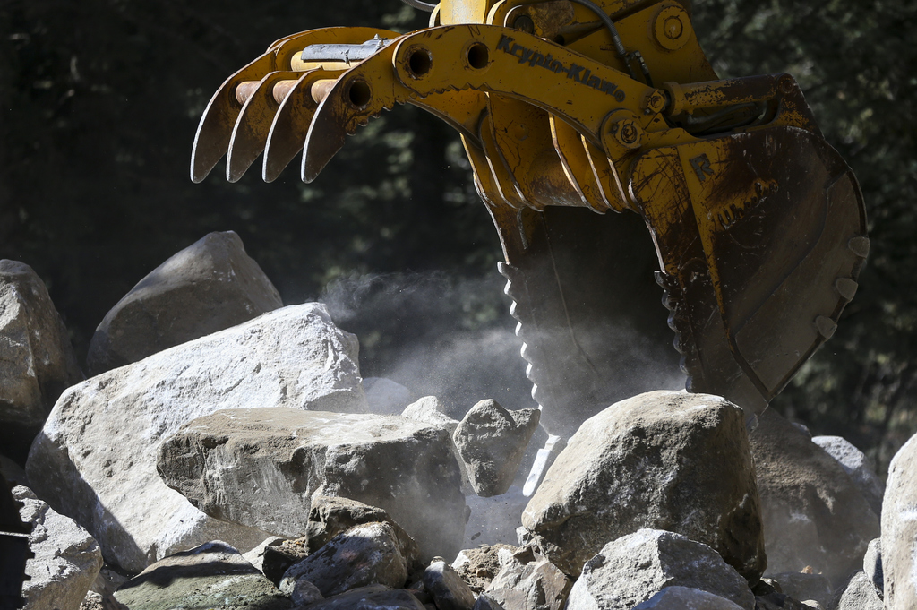 Crews clear rubble from summer mudslides in Little Cottonwood Canyon on Monday, Oct. 7, 2019. The cleanup is part of the process to repair the damage and shore up the canyon walls to prevent future slides. (Photo: Colter Peterson, KSL)