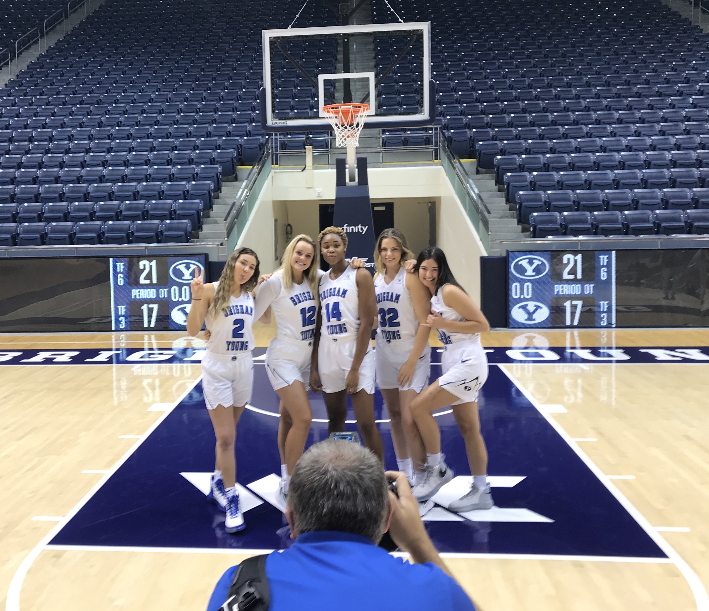 From left to right: Shaylee Gonzales, Lauren Gustin, Babulu Ugwu, Signe Glantz and Kaylee Smiler pose for photos during BYU women's basketball media day, Monday, Oct. 9, 2019 inside the Marriott Center in Provo, Utah. Gonzales, the Cougars' top scorer last year as a freshman, will miss the 2019-20 season after surgery to repair a torn ACL suffered during offseason workouts. (Photo: Sean Walker, KSL.com)