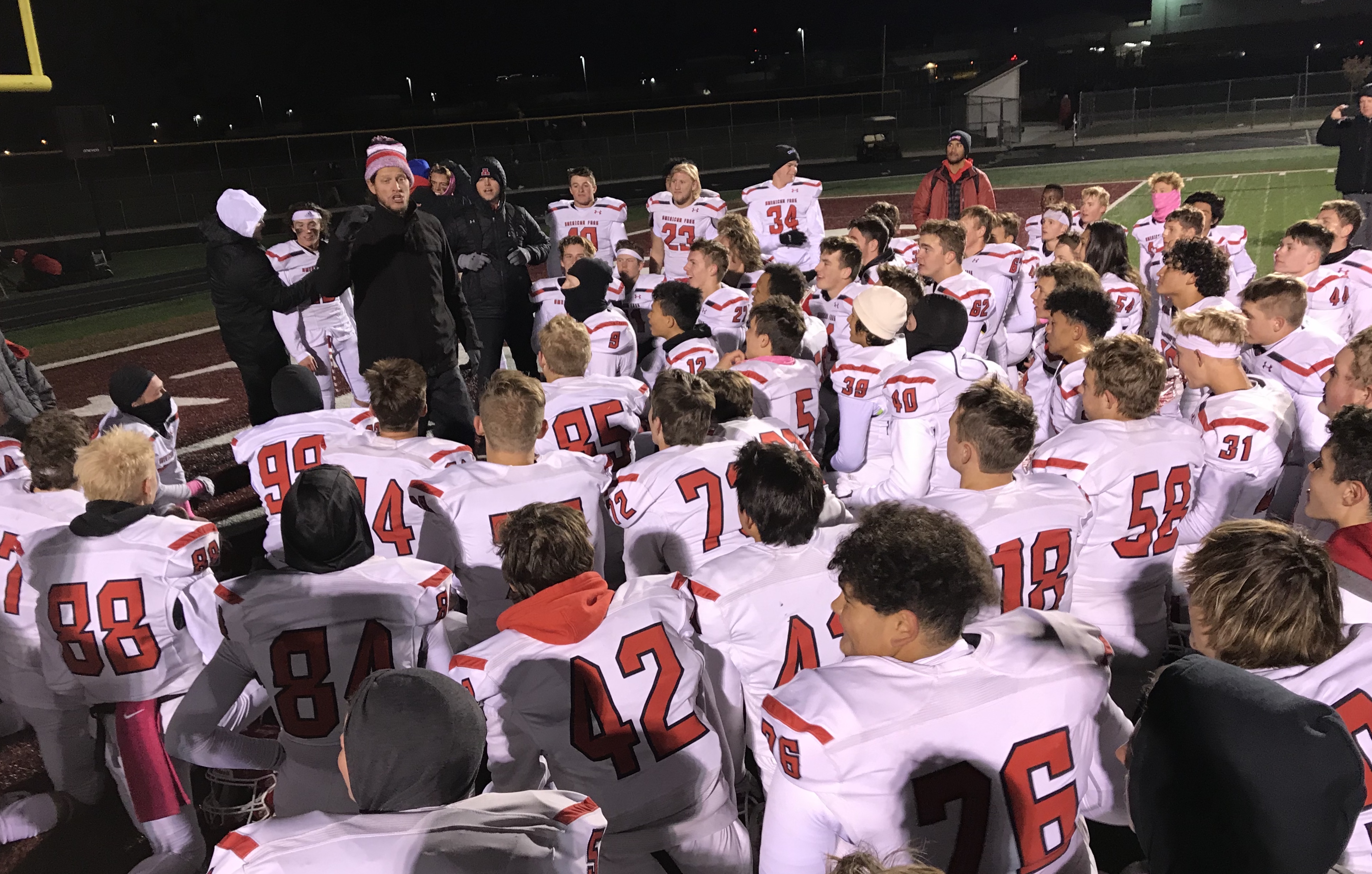 American Fork coaches congratulate the team after the Cavemen's 26-21 win over Lone Peak, Thursday, Oct. 10, 2019 in Highland, Utah. (Photo: Sean Walker, KSL.com)