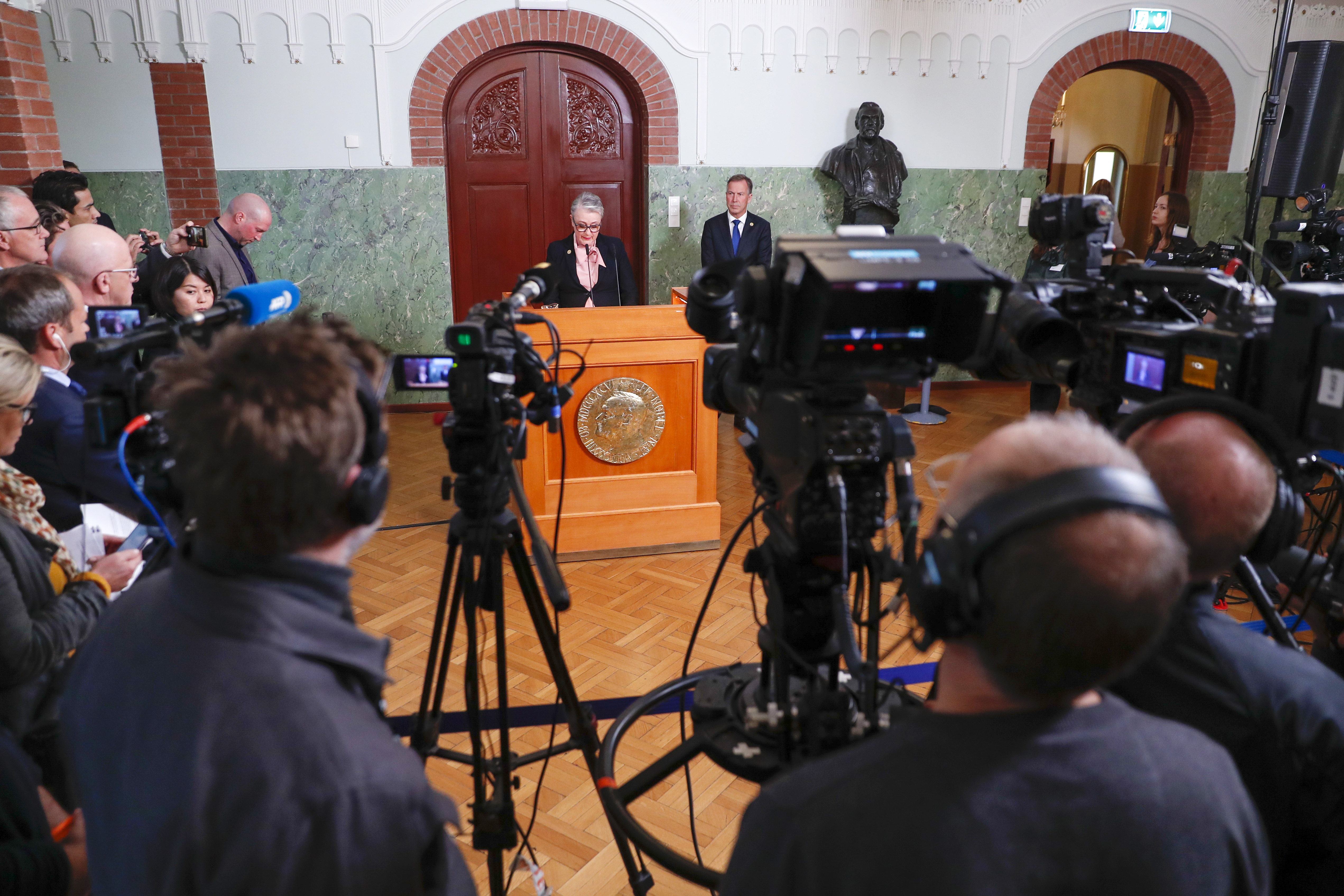 Berit Reiss-Andersen, chairwoman of the five-member Norwegian Nobel Institute, announces the 2019 Nobel Peace Prize, in Oslo, Norway, Friday Oct. 11, 2019. Photo: AP Photo