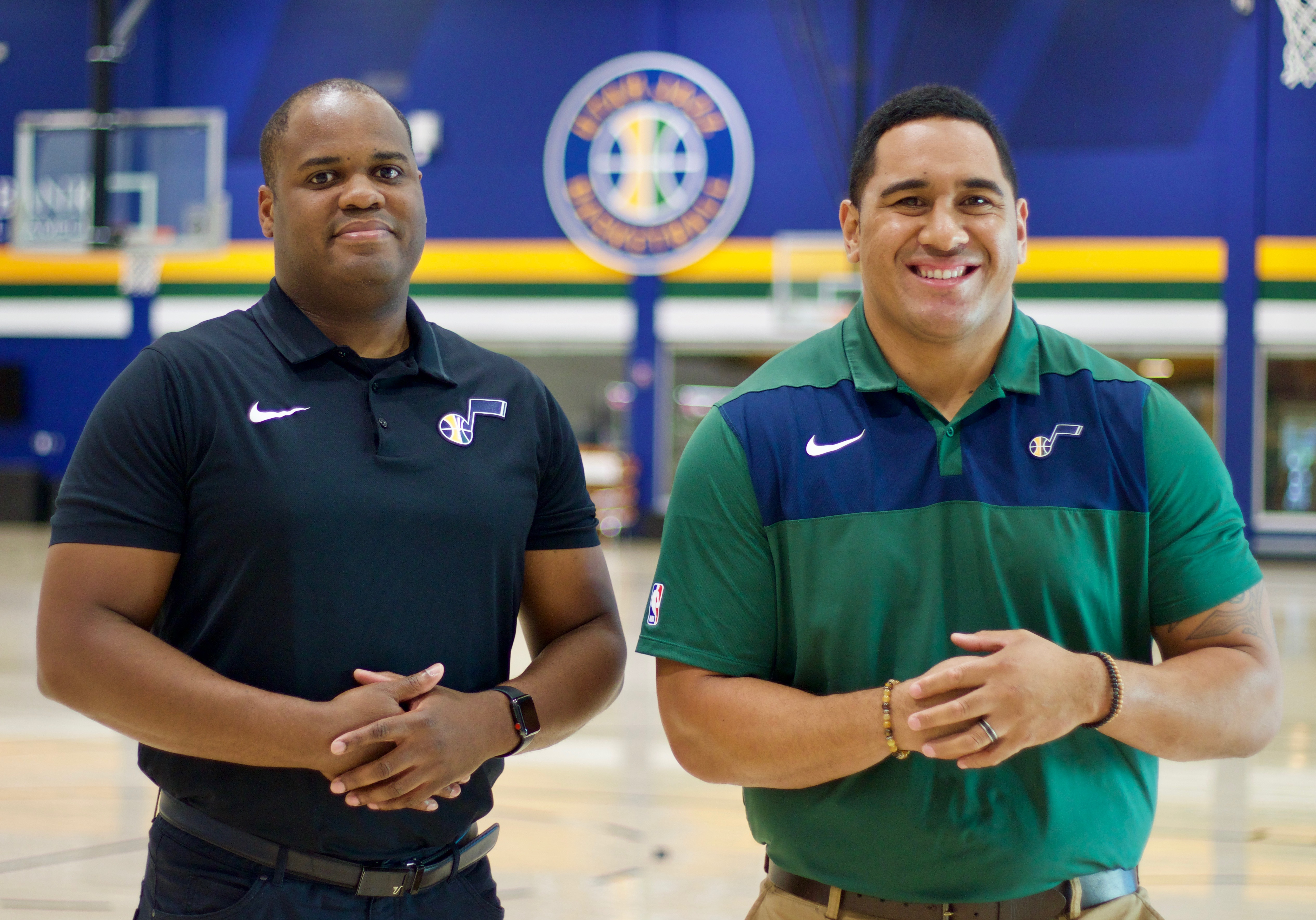 Steve Smith and Samu Sitake pose for a photo at the Jazz's practice facility. (Ryan Miller, KSL)