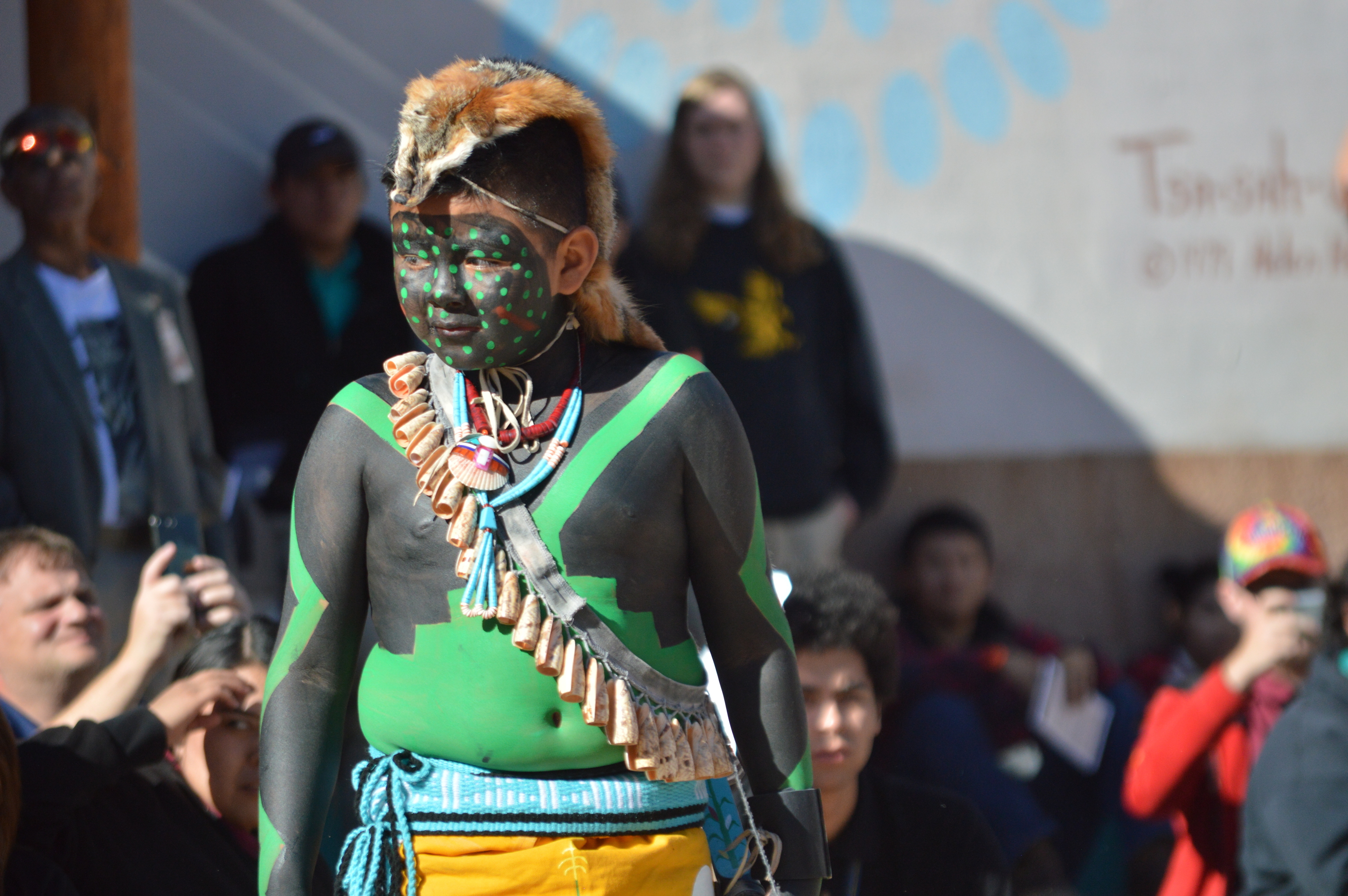 A dancer with the Acoma Sky City Ram Dancers from Acoma Pueblo, N.M. performs on Monday, Oct. 14, 2019 at the Indian Pueblo Cultural Center in Albuquerque, N.M. as part of New Mexico's first Indigenous Peoples Day. (Russell Contreras, AP Photo)