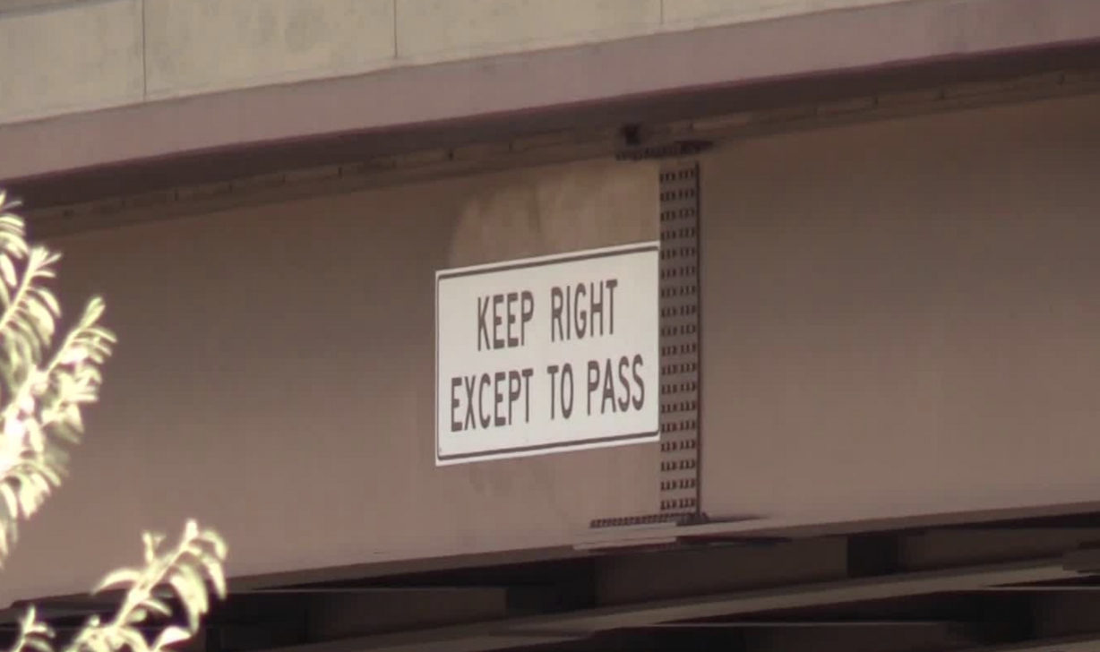 New signs from the Utah Department of Transportation urge drivers to stay in the right lane except when they need to pass a vehicle. (Photo: Sam Penrod, KSL TV)
