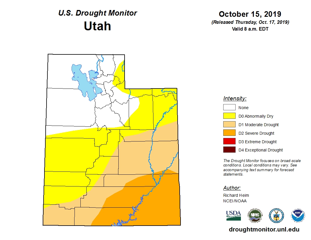A map of Utah's drought situation released by the U.S. Drought Monitor on Thursday, Oct. 17, 2019. St. George, which hasn't received measurable rain since June 17, is in a moderate drought. (Map: U.S. Drough Monitor)