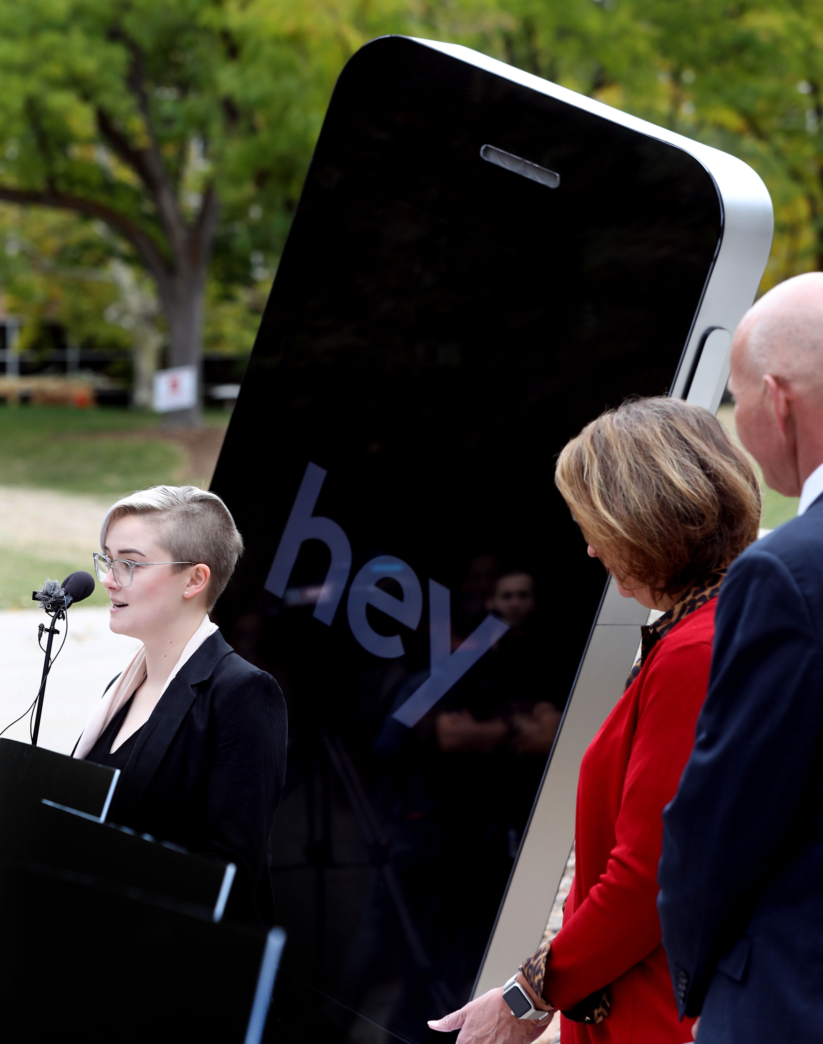 Kyra Ott, creative director of AdThing, speaks about the new campaign targeting distracted driving at the University of Utah in Salt Lake City on Thursday, Oct. 17, 2019. The “You drive. I’ll text” campaign encourages students to be active and attentive passengers by speaking up whenever they notice their drivers are distracted. (Laura Seitz, KSL)