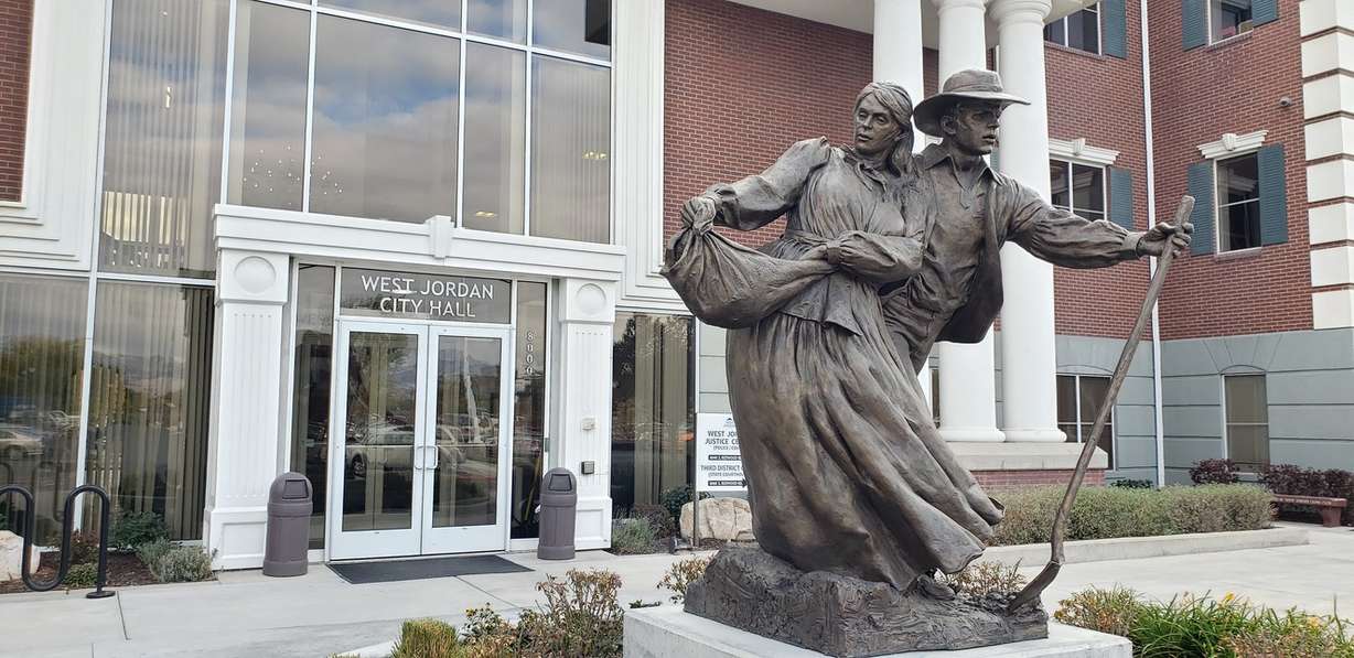 Sculptor Virgil Oertle’s finished piece “Sowing,” at the West Jordan City Hall. (Photo: Emily Howsley)
