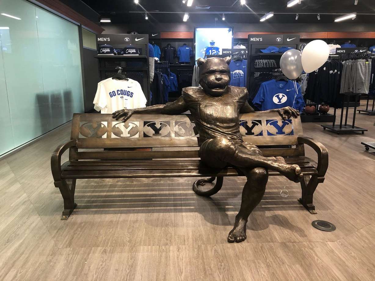 The sculpture that started it all for artist Virgil Oertle — Cosmo's Brigham Young University bench, now hanging out in the BYU bookstore. (Photo: Rebecca Moulton)