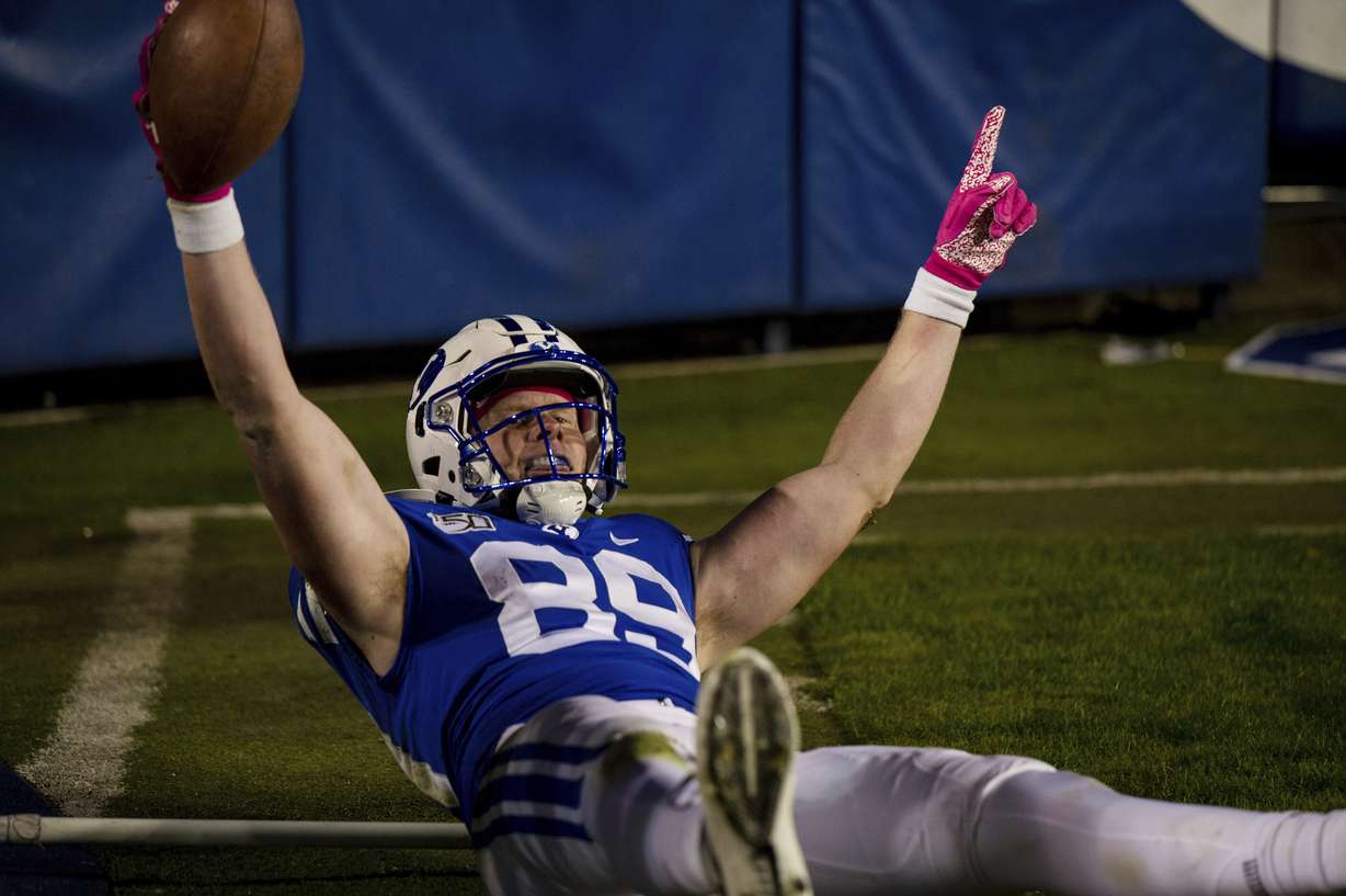 BYU tight end Matt Bushman (89) celebrates a touchdown against Boise State in the second half of an NCAA football game Saturday, Oct. 19, 2019, in Provo, Utah.