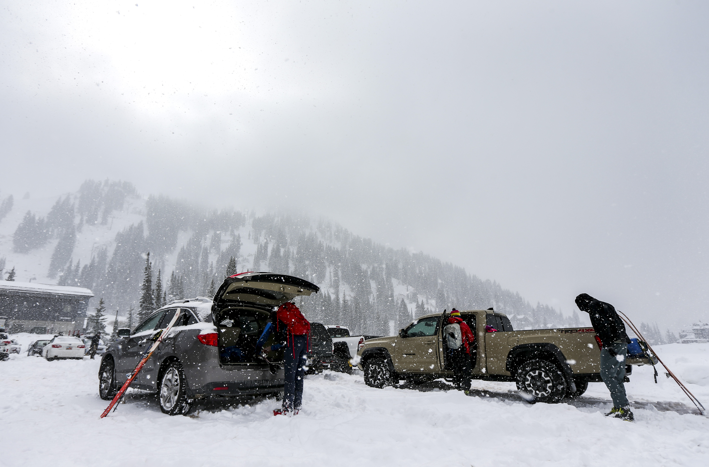 Skiers prepare for early season turns in the Wildcat base area at Alta Ski Resort in Little Cottonwood Canyon to enjoy the first substantial snowfall of the year on Sunday, Oct. 20, 2019. (Colter Peterson, KSL)