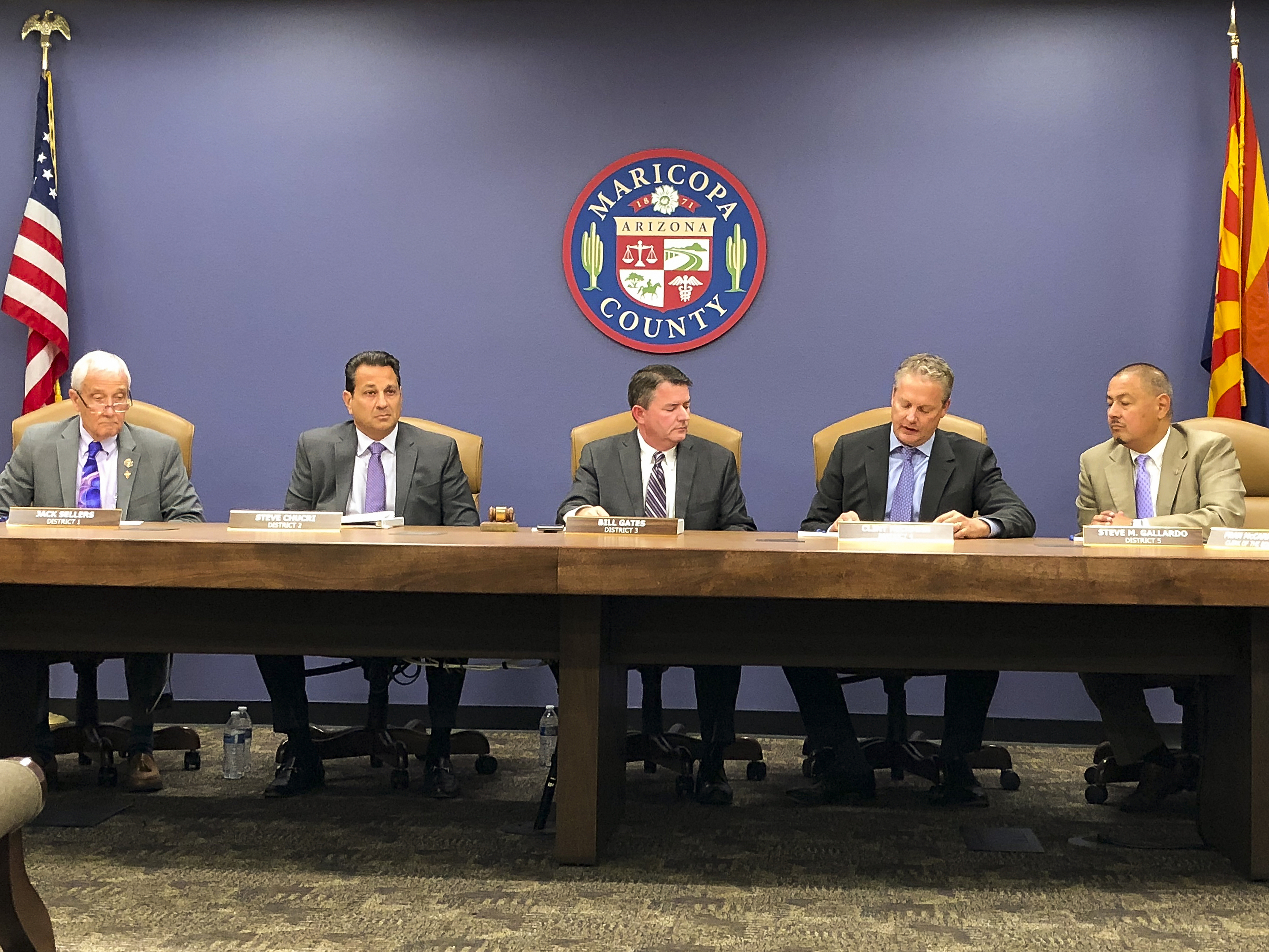 The Maricopa County Board of Supervisors takes the first step toward suspending an elected official accused of running a human smuggling scheme during a meeting in Phoenix Wednesday, Oct. 23, 2019. Photo: Jonathan J. Cooper, AP Photo