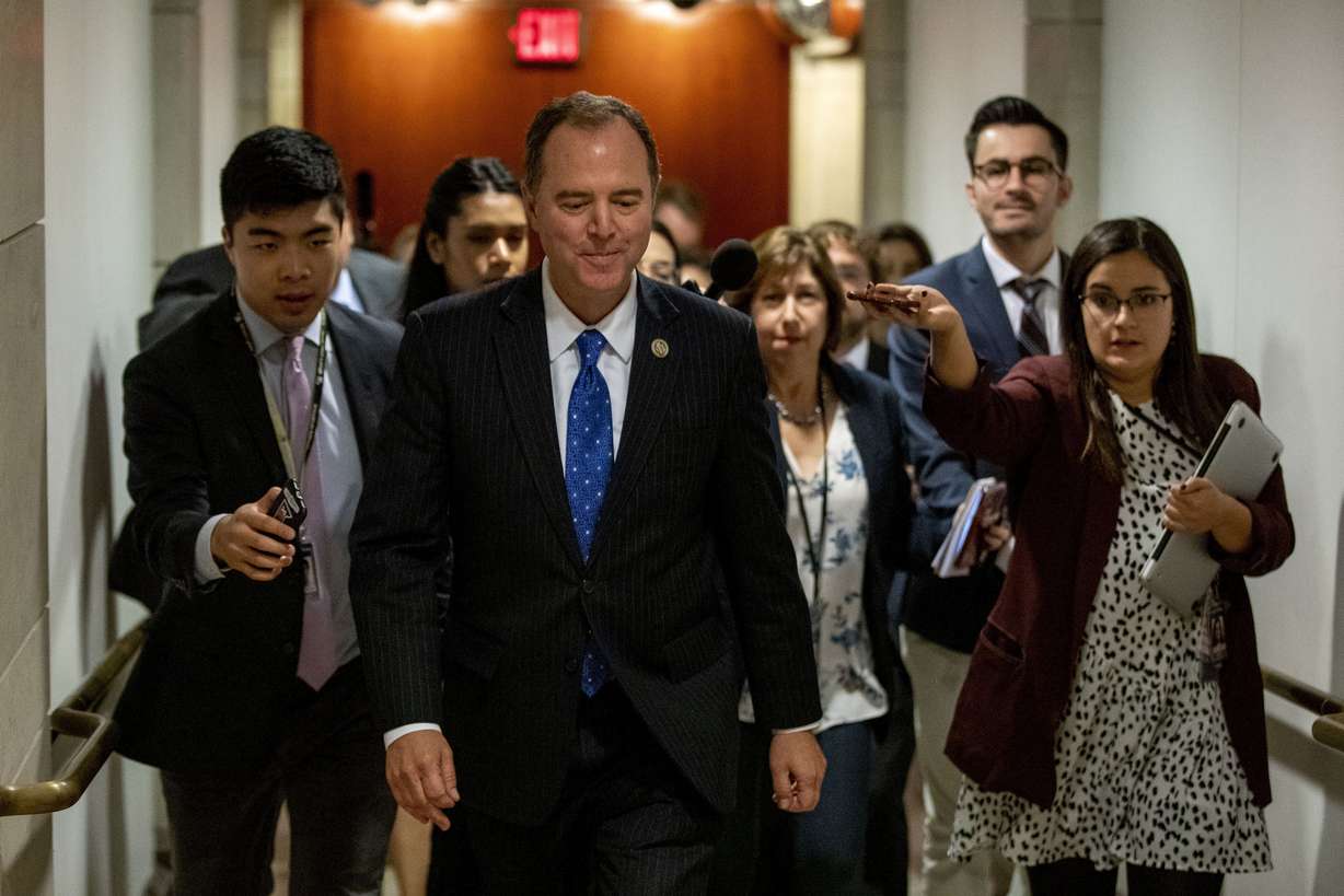 House Intelligence Committee Chairman Rep. Adam Schiff of Calif., leaves a secure area where Deputy Assistant Secretary of Defense Laura Cooper is testifying as part of the House impeachment inquiry into President Donald Trump, Wednesday, Oct. 23, 2019, on Capitol Hill in Washington. (AP Photo/Patrick Semansky)