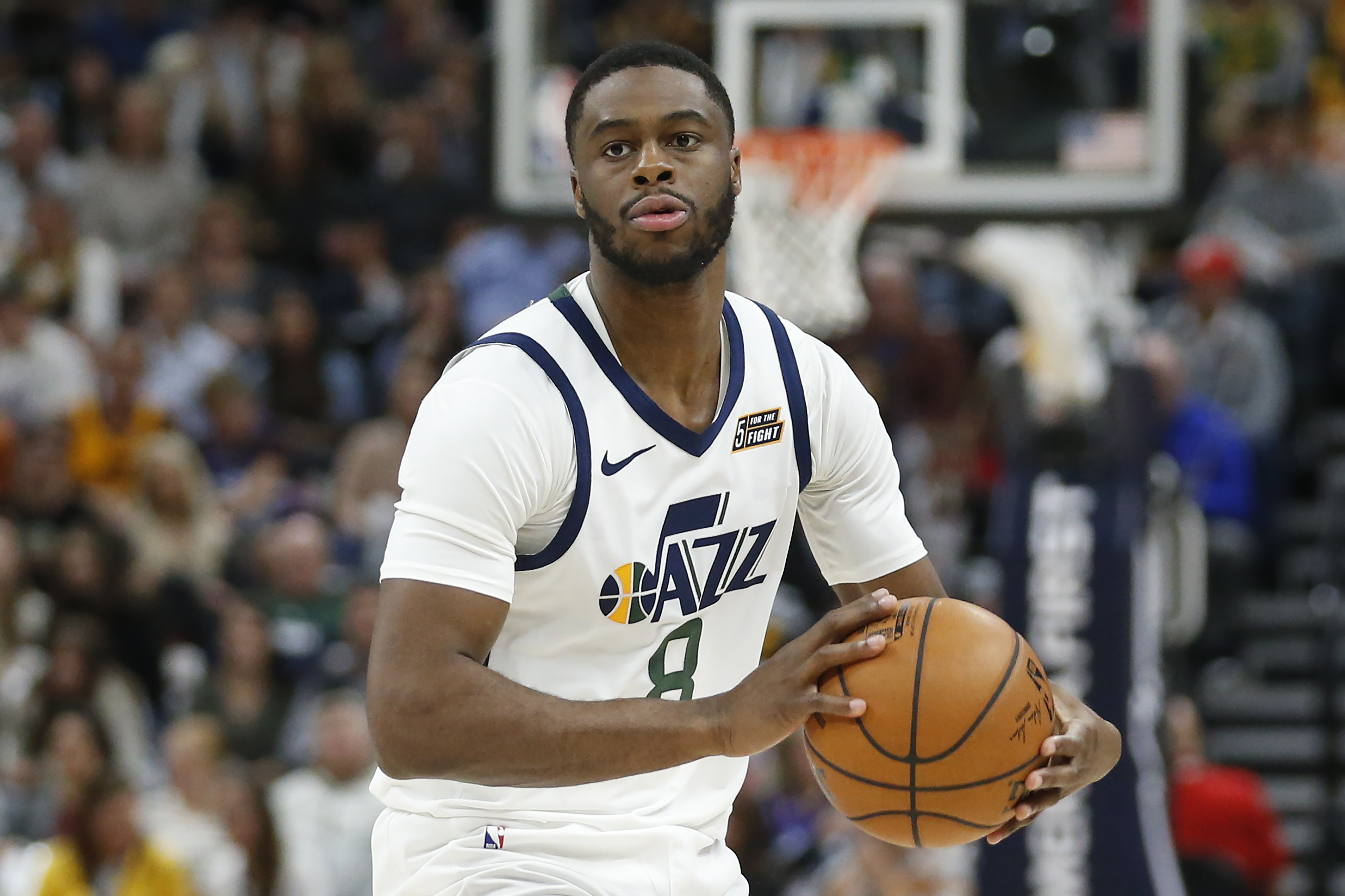 Utah Jazz guard Emmanuel Mudiay (8) brings the ball up court in the second half of an NBA basketball game against the Oklahoma City Thunder Wednesday, Oct. 23, 2019, in Salt Lake City. (AP Photo/Rick Bowmer)