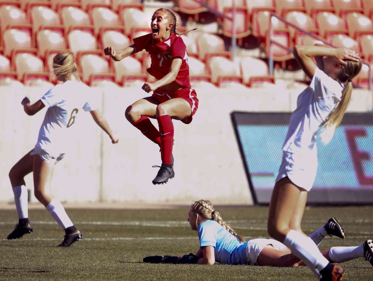 American Fork's Addie Gardner (7) celebrates after scoring against Davis in the 6A girls state soccer championship game at Rio Tinto Stadium in Sandy on Friday, Oct. 25, 2019. (Photo: Laura Seitz, KSL)