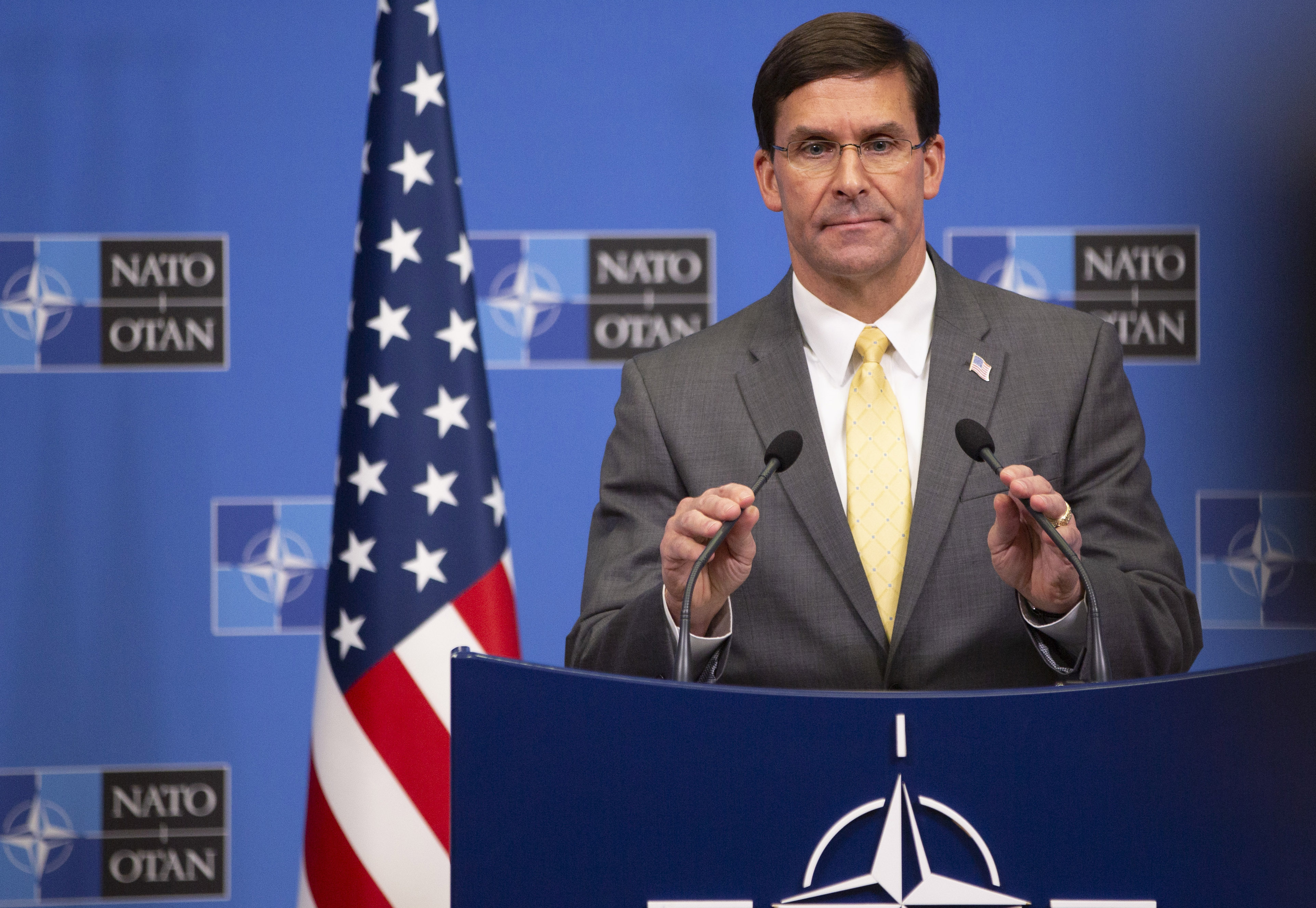 U.S. Secretary for Defense Mark Esper speaks during a media conference after a meeting of NATO defense ministers at NATO headquarters in Brussels, Friday, Oct. 25, 2019. Photo: AP Photo