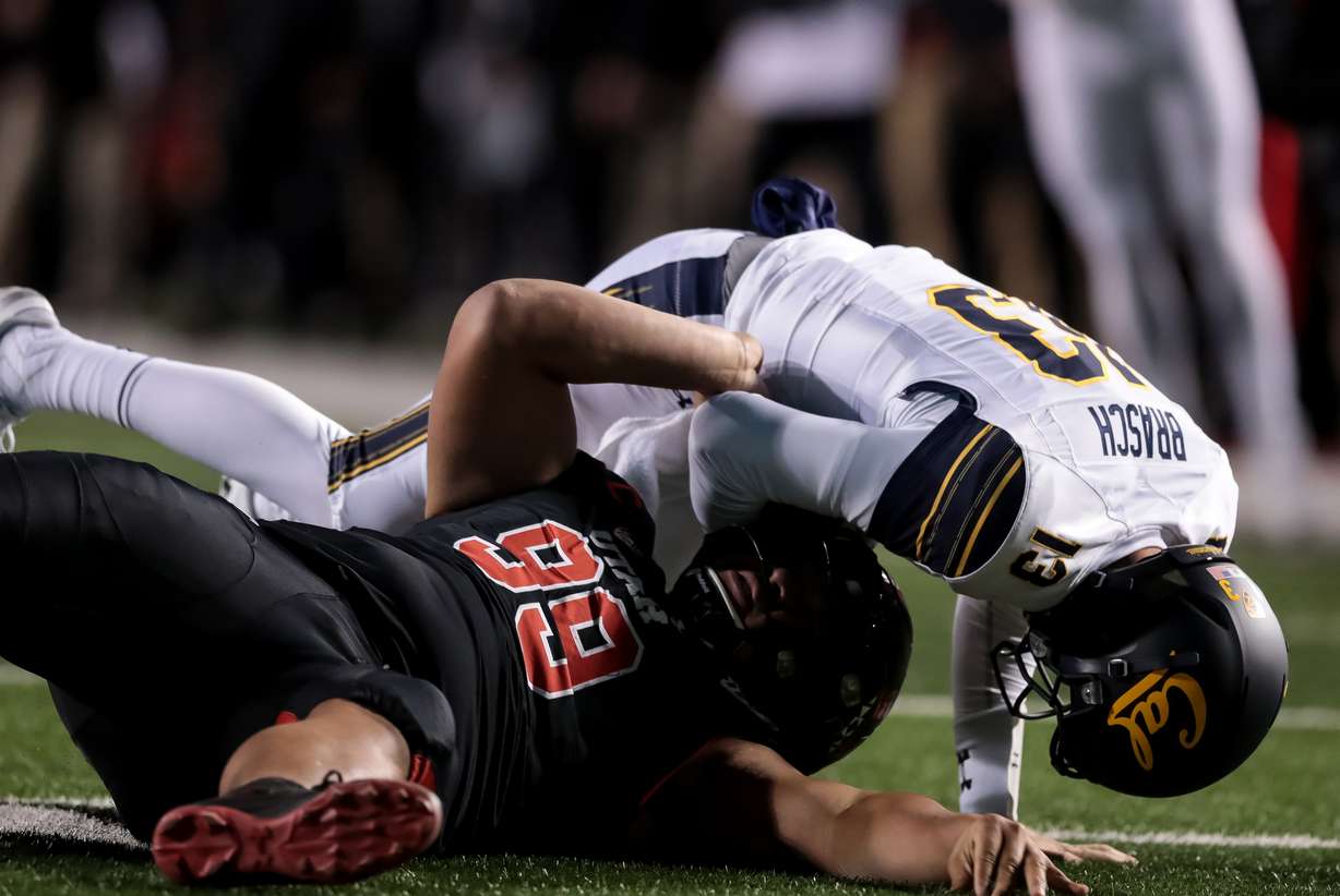 Utah Utes defensive tackle Leki Fotu (99) sacks California Golden Bears quarterback Spencer Brasch (13) during the game at Rice-Eccles Stadium in Salt Lake City on Saturday, Oct. 26, 2019. (Photo: Spenser Heaps, KSL)