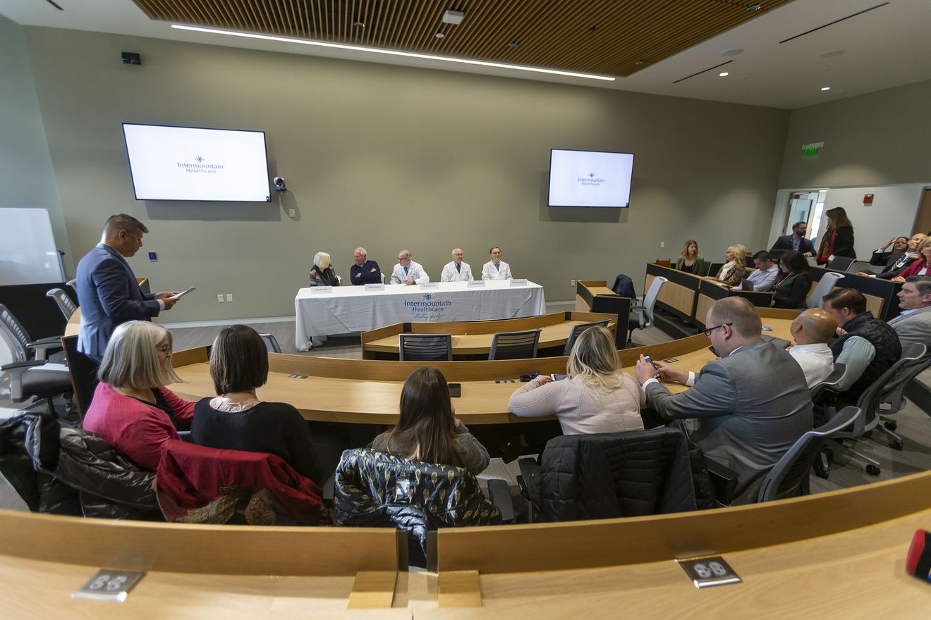 Michele Teran, left, businessman and Real Salt Lake owner Dell Loy Hansen, and Drs. Kirk Knowlton, Brent Muhlestein and Jeffrey Anderson discuss a study that aims to better identify and treat people at risk of having a heart attack before they develop problems during a press conference at Intermountain Healthcare in Murray on Monday, Oct. 28, 2019. (Photo: Scott G Winterton, KSL)