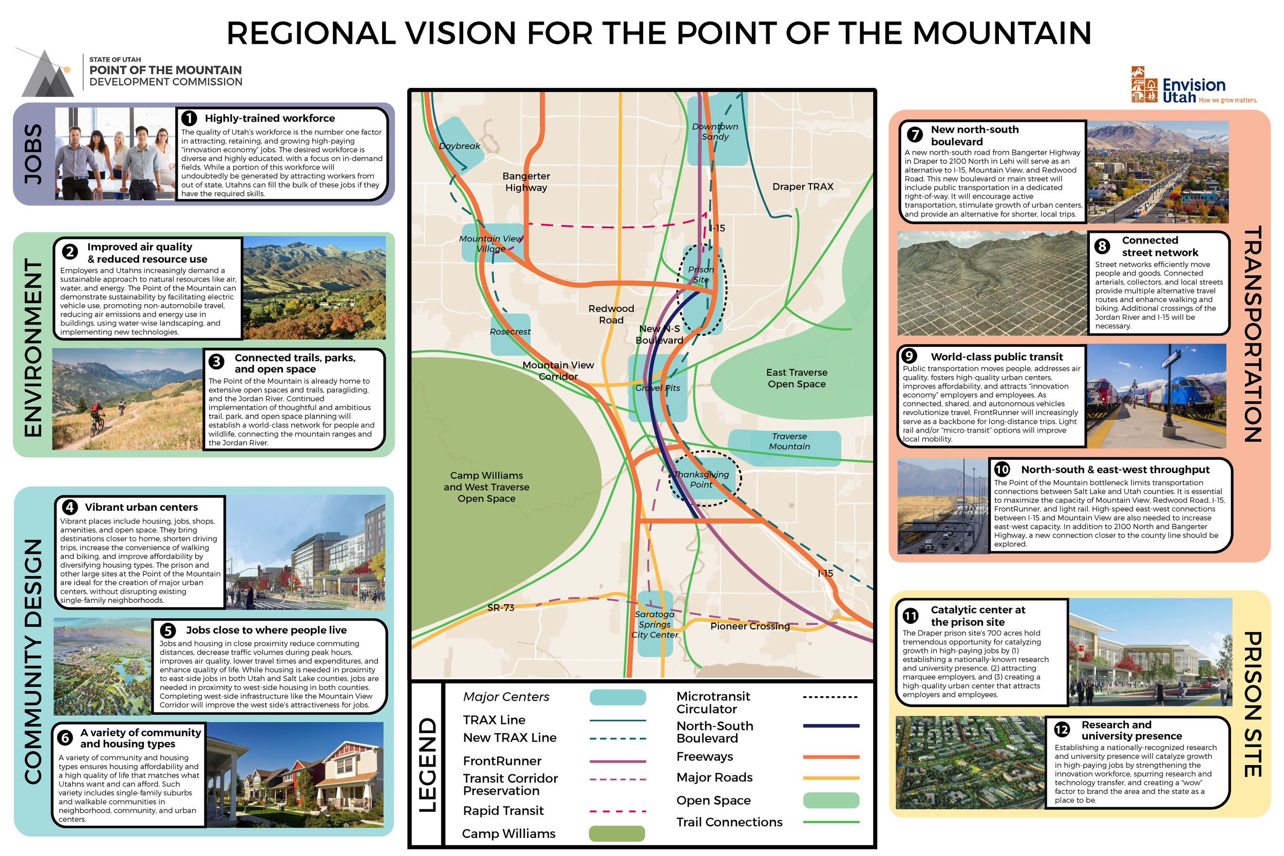 An illustrative map showing some of the concepts contained in the Point of the Mountain Vision, including the 12 signature elements. (Graphic: Point of the Mountain Development Commission)