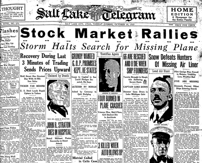 The front page of the Salt Lake Telegram on Tuesday, Oct. 29, 1929. (Photo: Utah Digital Newspapers)