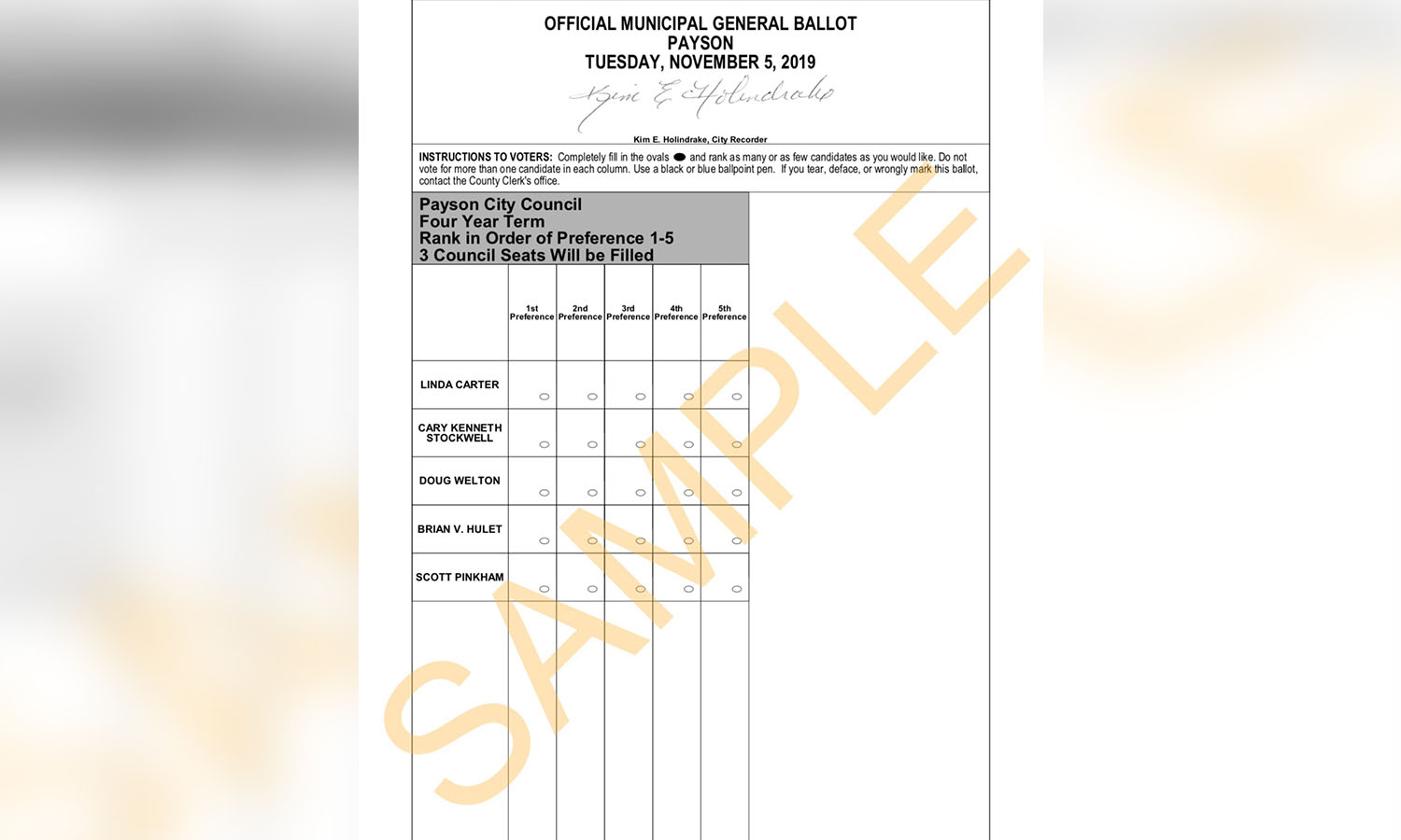 A sample of the ranked-choice voting ballot Payson residents will use to determine three at-large city council positions on Tuesday, Nov. 5, 2019. Payson and Vineyard will be the first two Utah cities to test ranked-choice voting. (Photo: Payson City)