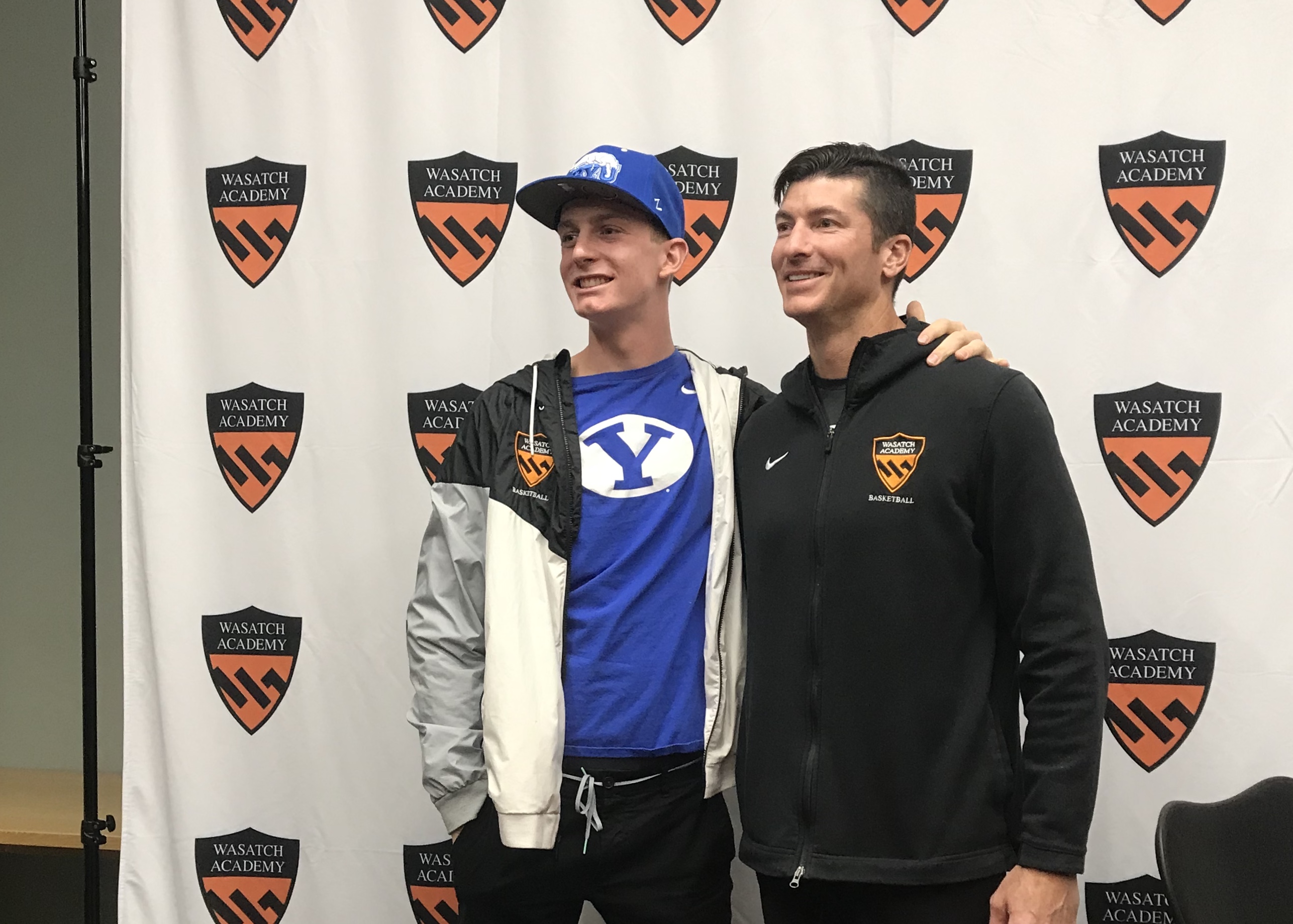 Wasatch Academy shooting guard Richie Saunders with head coach Dave Evans after committing to play basketball at BYU, Wednesday, Oct. 30, 2019 in Mount Pleasant, Utah. (Photo: Sean Walker, KSL.com)