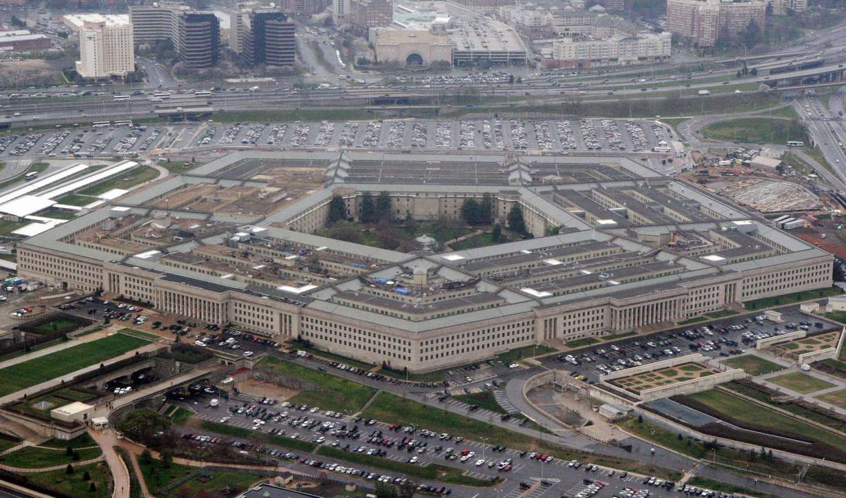 FILE - In this March 27, 2008 file photo, an aerial view of the Pentagon is seen in Washington. Amazon must decide soon if it will protest the Pentagon’s awarding of a $10 billion cloud computing contract to rival Microsoft on Oct. 25, 2019, with one possible grievance being the unusual attention given to the project by President Donald Trump. (AP Photo/Charles Dharapak, File)