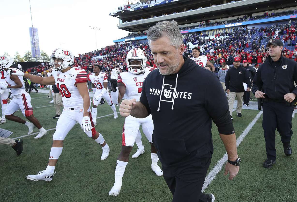 Utah Utes head coach Kyle Whittingham pumps his fist after beating the Washington Huskies in Seattle on Saturday, Nov. 2, 2019. Utah won 33-28. (Photo: Jeffrey D. Allred, KSL)