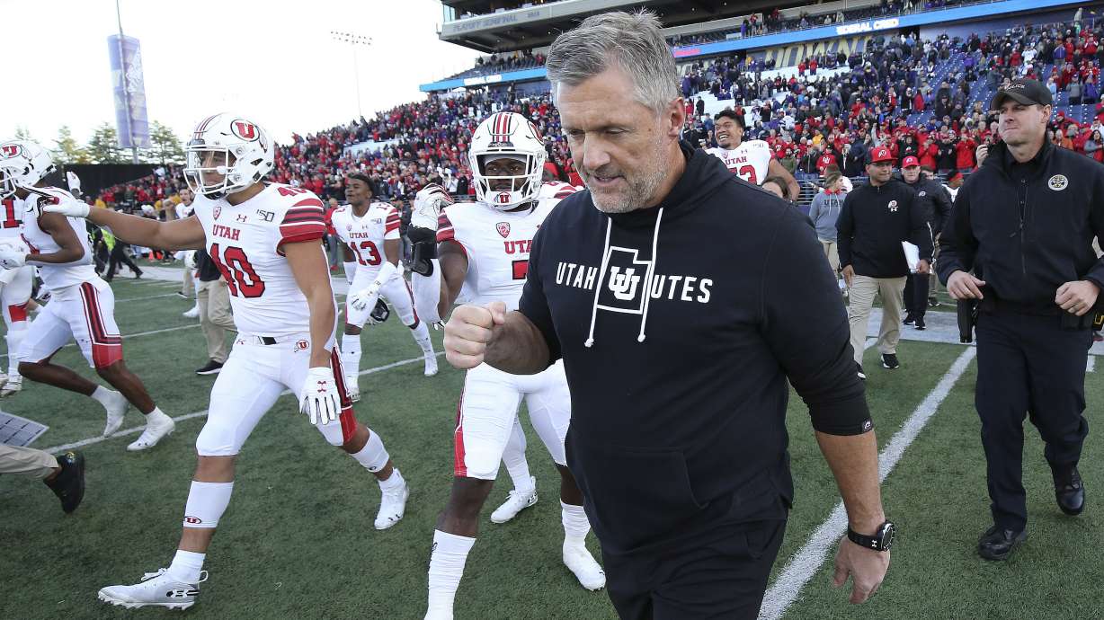 Utah Utes head coach Kyle Whittingham pumps his fist after beating the Washington Huskies in Seattle on Saturday, Nov. 2, 2019. Utah won 33-28.