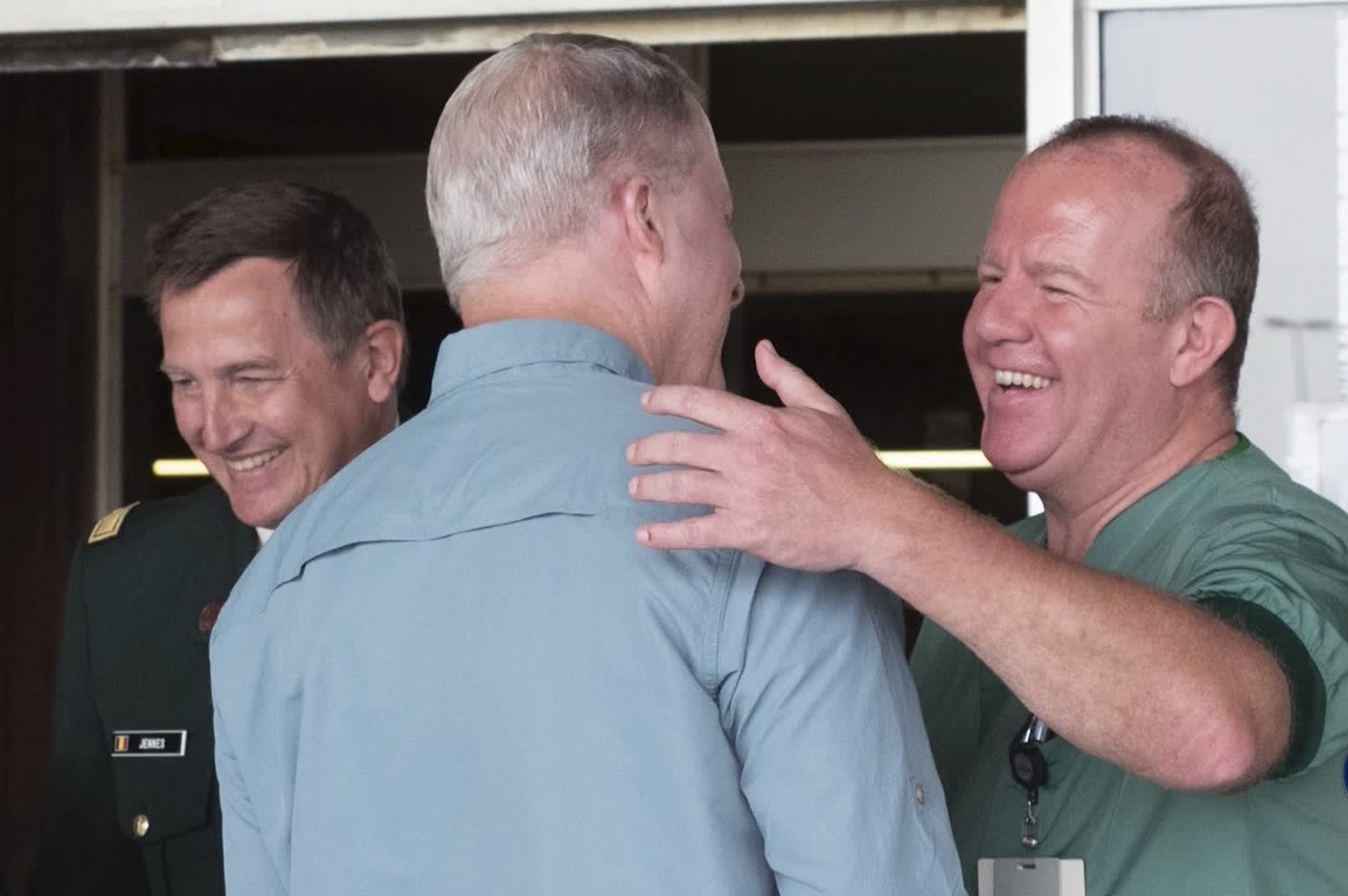 Richard Norby greets doctors at a hospital in Belgium. Norby was severely injured by the terrorist bombings in Brussels in 2016 and said he's found healing after he returned to the site three years later. (Photo: Richard and Pam Norby)
