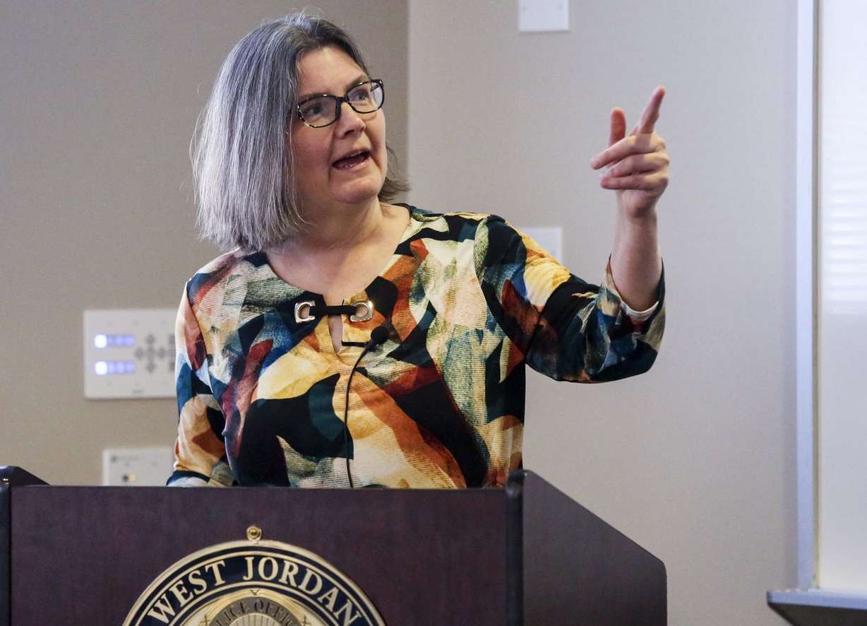Karra Porter, Utah Cold Case Coalition co-founder, speaks during a gathering of cold case and crime lab investigators at the West Jordan Police Department in West Jordan on Monday, Nov. 4, 2019. (Photo: Colter Peterson, KSL)