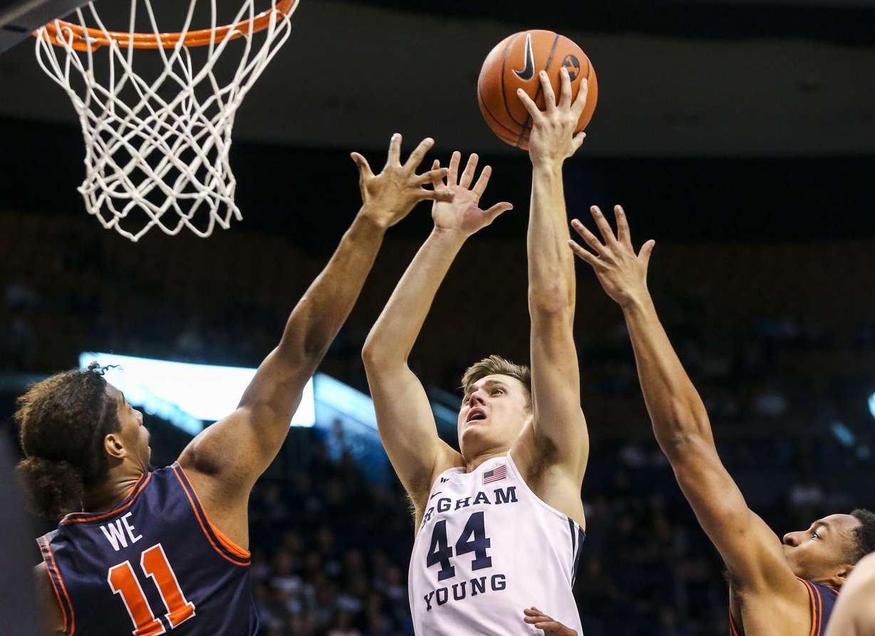 Brigham Young Cougars guard Connor Harding (44) goes up for a shot against UT-Tyler guards Xavier Fogle (11) and Jared Jenkins (3) during the second half of an exhibition basketball game at the Marriott Center in Provo on Friday, Nov. 1, 2019. (Photo: Colter Peterson, KSL)