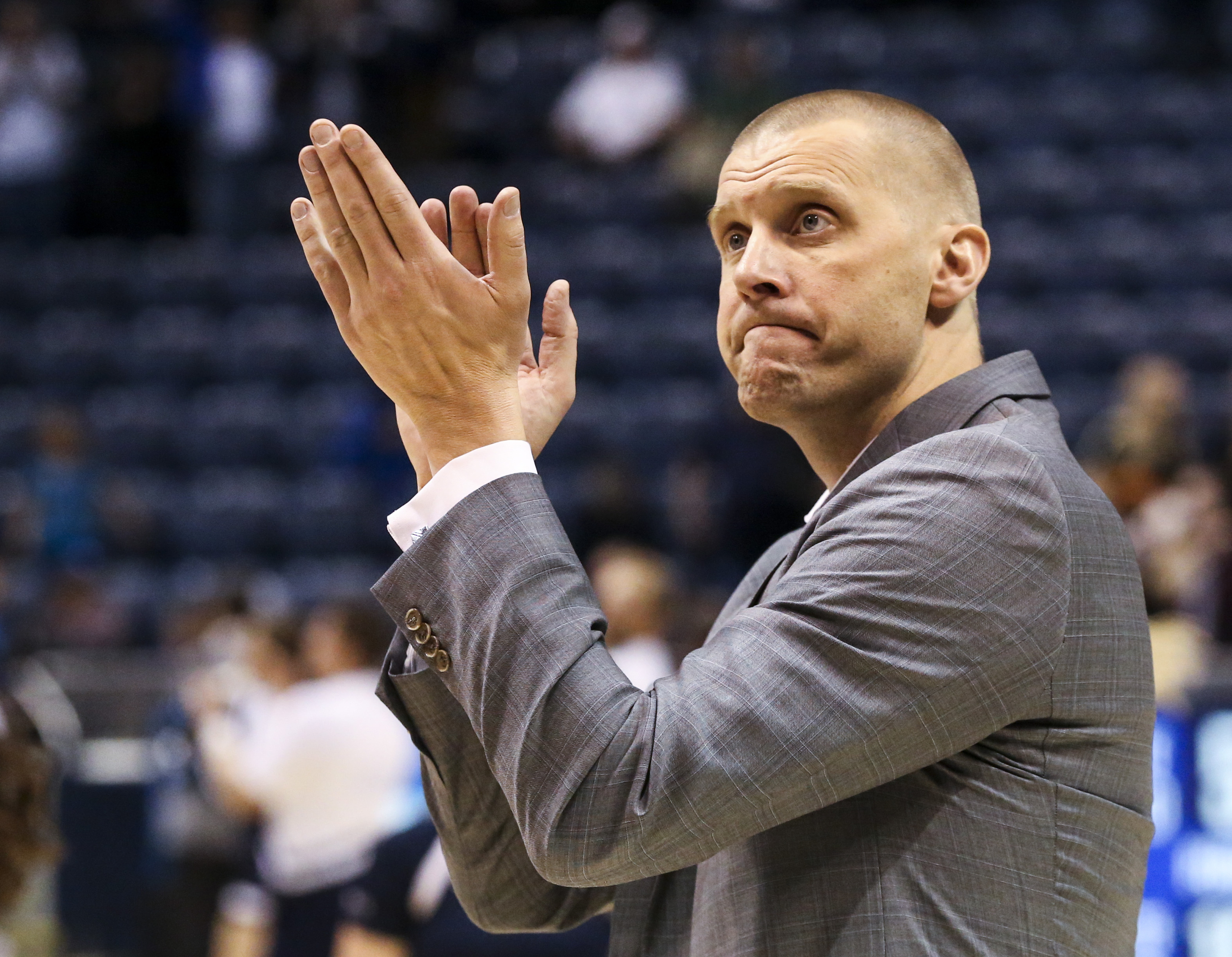 Brigham Young Cougars head coach Mark Pope thanks the student section following BYU's 100-58 win over UT-Tyler in an exhibition basketball game at the Marriott Center in Provo on Friday, Nov. 1, 2019. (Photo: Colter Peterson, KSL)