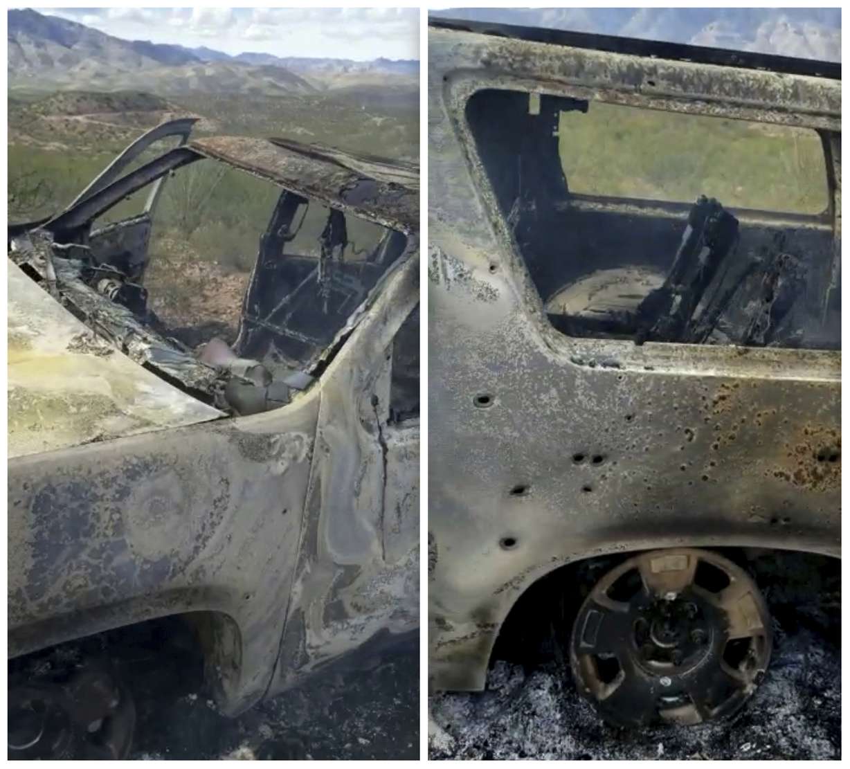 This combination of frames from Nov. 4, 2019, video by Kenny Miller and posted on the Twitter account of Alex LeBaron shows two views of a burned-out vehicle that was being used by some members of the LeBaron family as they were driving in a convoy. Photo: Kenny Miller/Courtesy of Alex LeBaron via AP