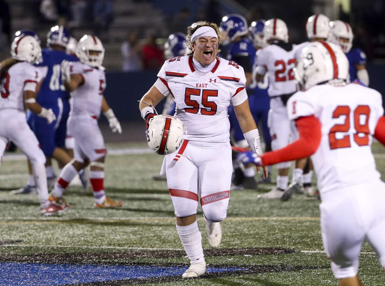 East’s Tuiono Tuiaki (55) screams with excitement as the Leopards storm the field after defeating Bingham in the 6A football quarterfinal game at Bingham High School in South Jordan on Friday, Nov. 8, 2019. (Photo: Steve Griffin, KSL)