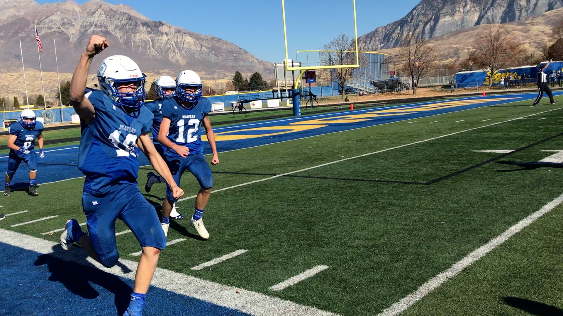 Treyson Hunter celebrates after pulling down the game-sealing interception for Beaver during a 14-7 win over Duchesne in the Class 2A state semifinal Saturday, Nov. 9, 2019 at Orem High School.