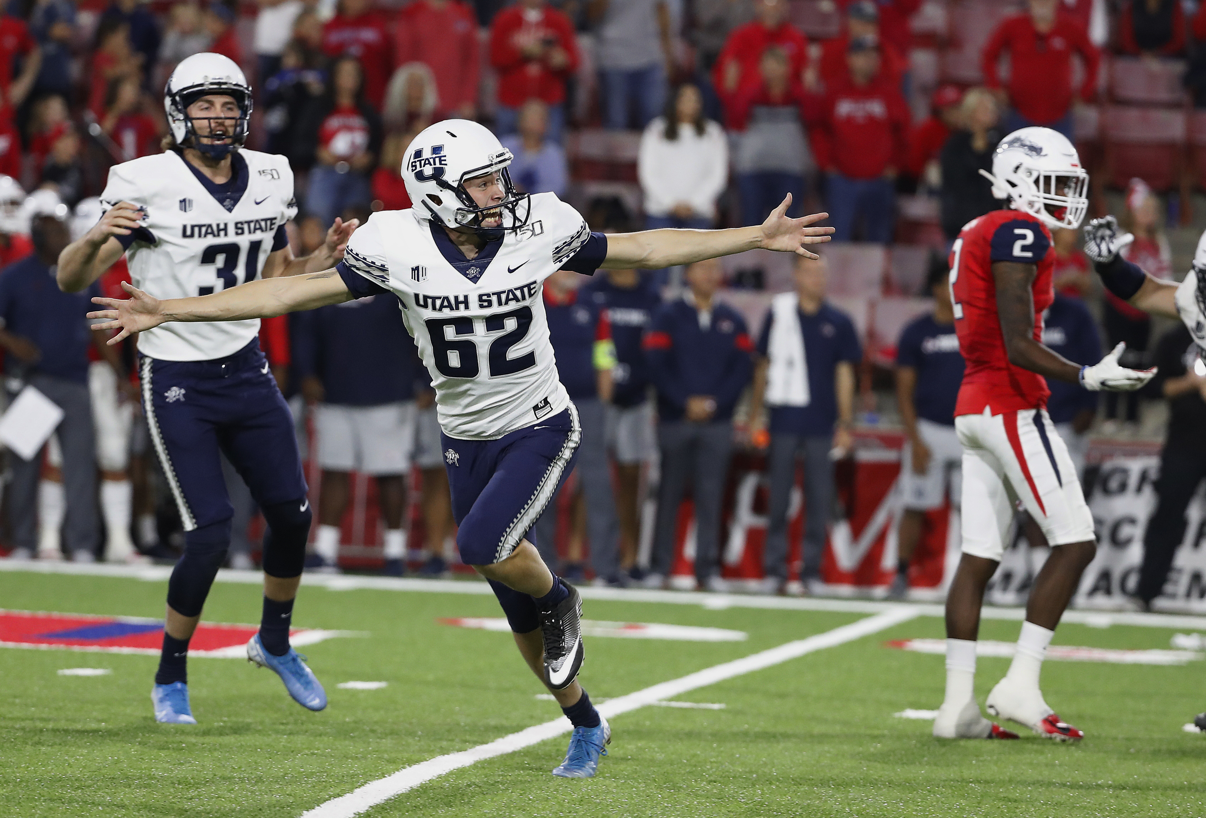 Utah State's Dominik Eberle watches his game-winning field goal against Fresno State during an NCAA college football game in Fresno, Calif., Saturday, Nov. 9, 2019. (Photo: Gary Kazanjian, AP)