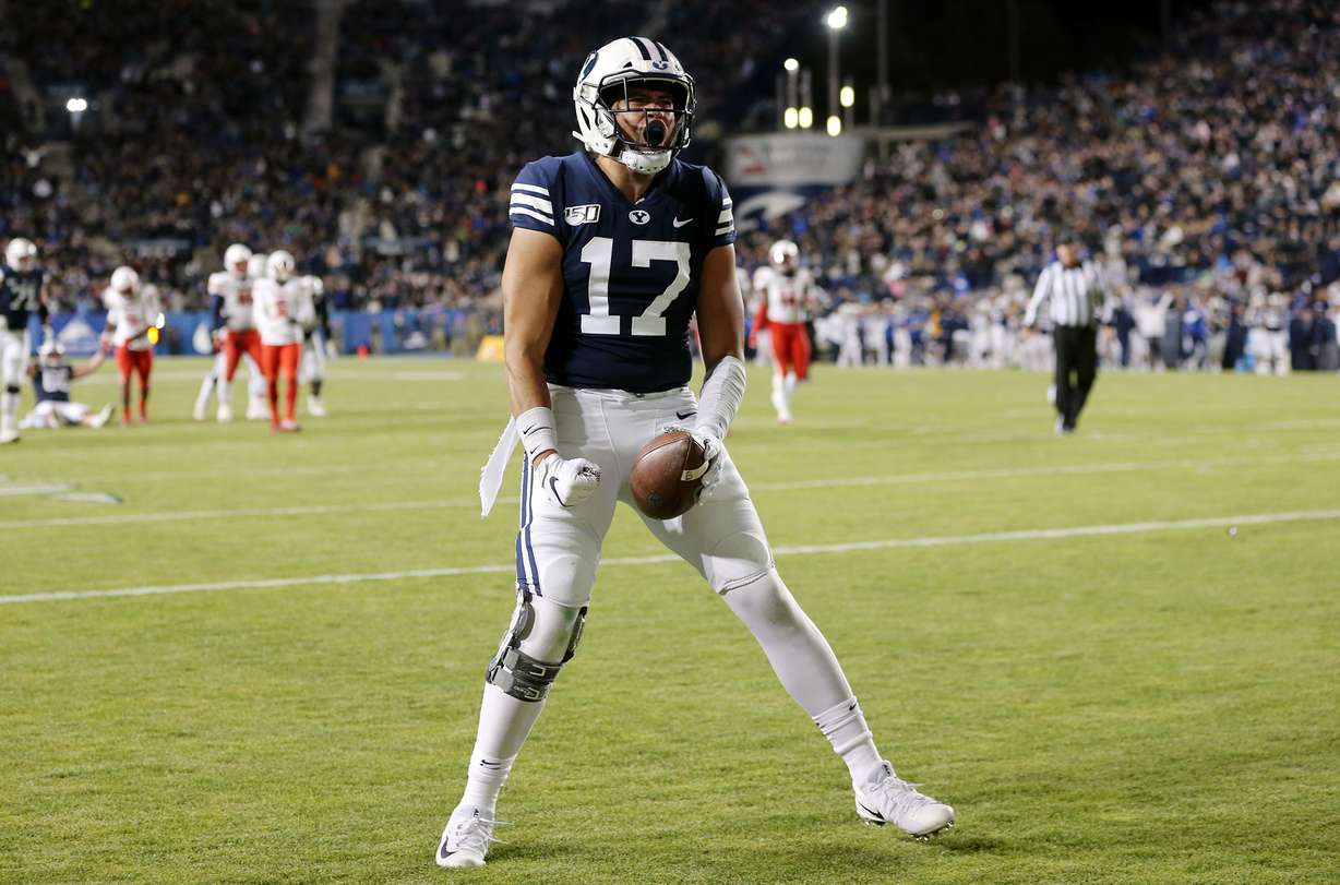 Brigham Young Cougars tight end Moroni Laulu-Pututau (17) celebrates a touchdown as BYU and Liberty play an NCAA football game in Provo, Utah on Saturday, Nov. 9, 2019. BYU won 31-24. (Photo: Scott G Winterton, KSL)
