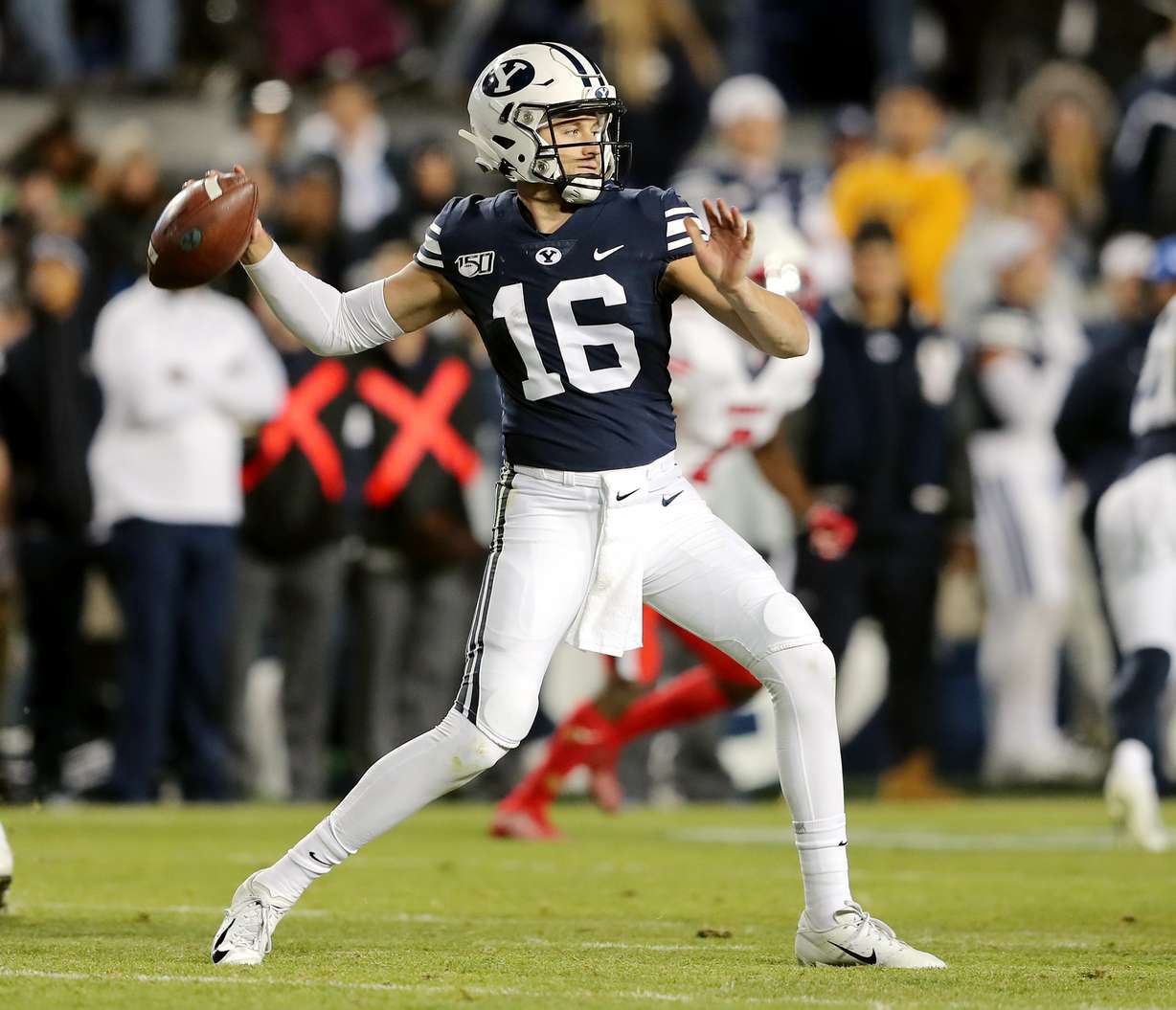 Brigham Young Cougars quarterback Baylor Romney (16) sets to pass as BYU and Liberty play an NCAA football game in Provo, Utah on Saturday, Nov. 9, 2019. BYU won 31-24. (Photo: Scott G Winterton, KSL)