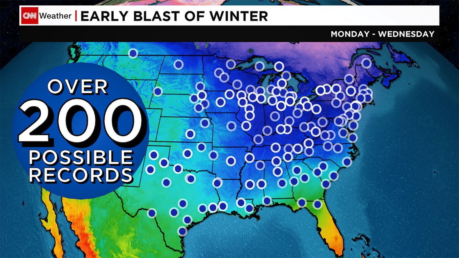 According to the National Weather Service, over 200 records could be tied or set during the first half of the week. This graphic represents a combination of both record lows and record cold highs through the period.