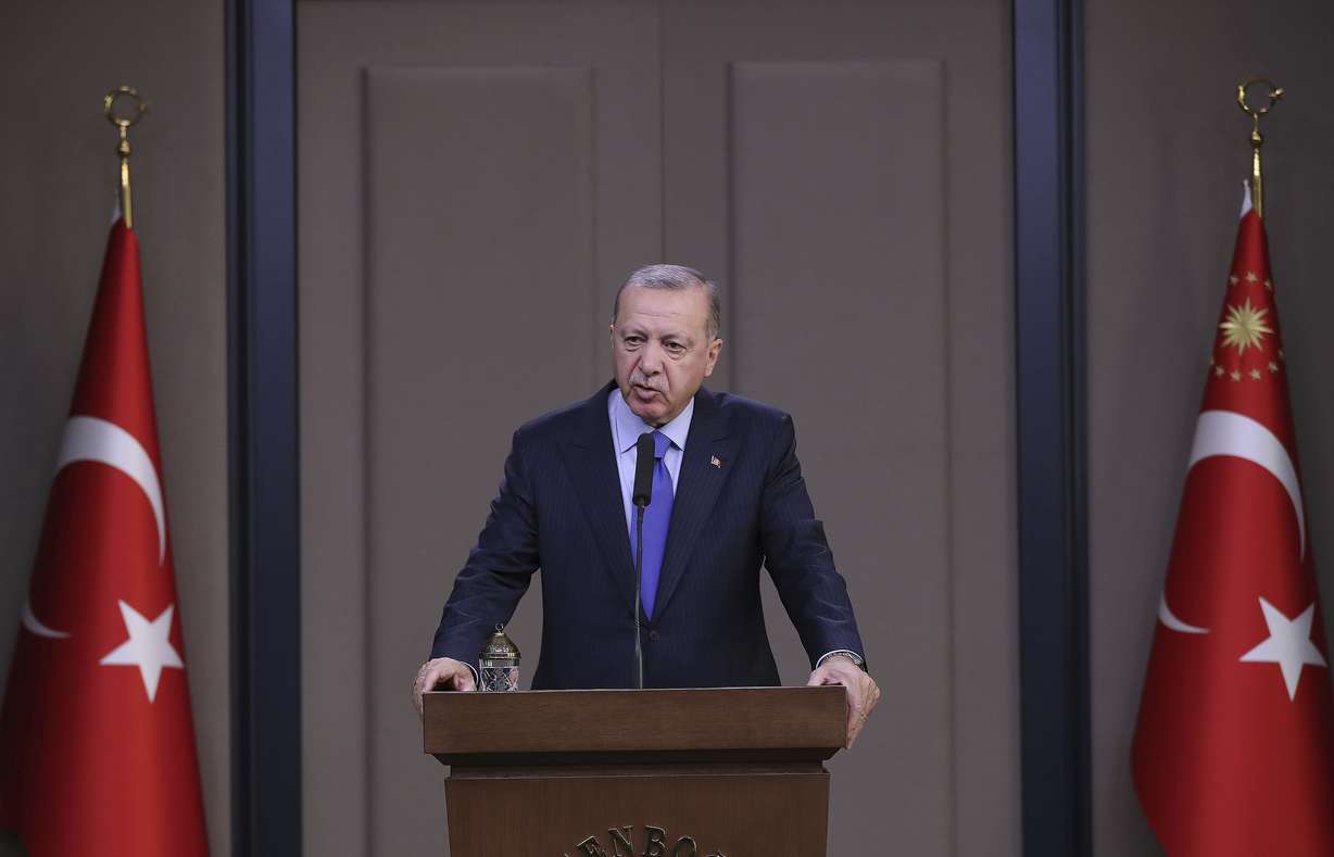 Turkish President Recep Tayyip Erdogan speaks to reporters before a visit to the United States, in Ankara, Turkey, Tuesday, Nov. 12, 2019. Photo: AP Photo