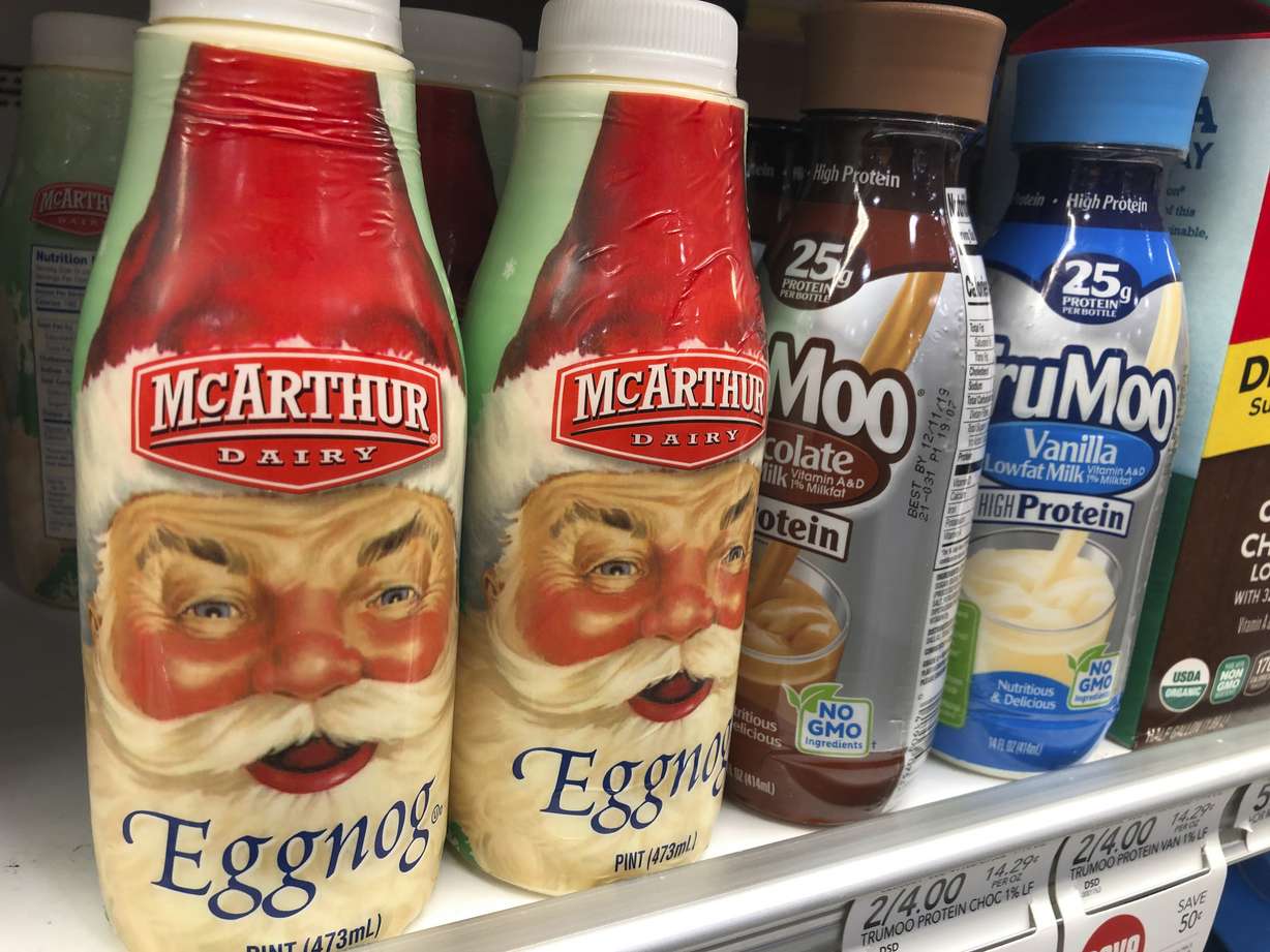Bottles of McArthur Dairy Eggnog, a Dean Foods brand, are displayed at a grocery store, Tuesday, Nov. 12, 2019, in Doral, Fla. (Wilfredo Lee, AP Photo)
