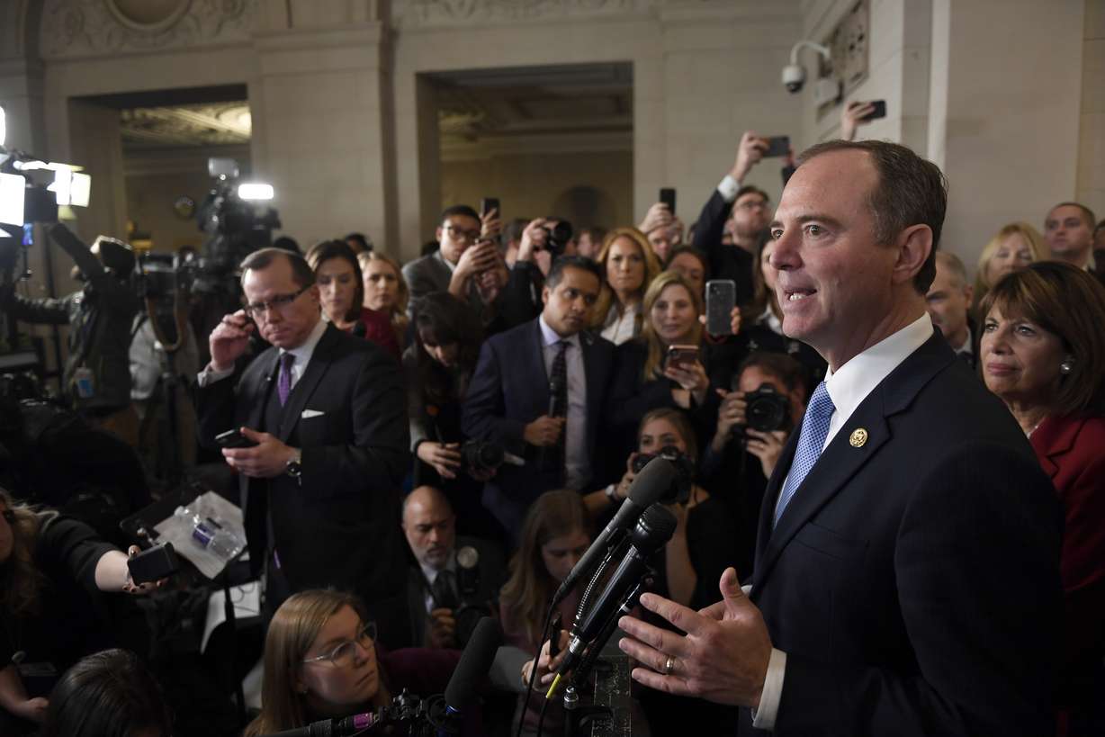 House Intelligence Committee Chairman Adam Schiff of Calif., speaks to reporters after the hearing with top U.S. diplomat in Ukraine William Taylor, and career Foreign Service officer George Kent, at the House Intelligence Committee ended on Capitol Hill. Photo: Susan Walsh, AP Photo