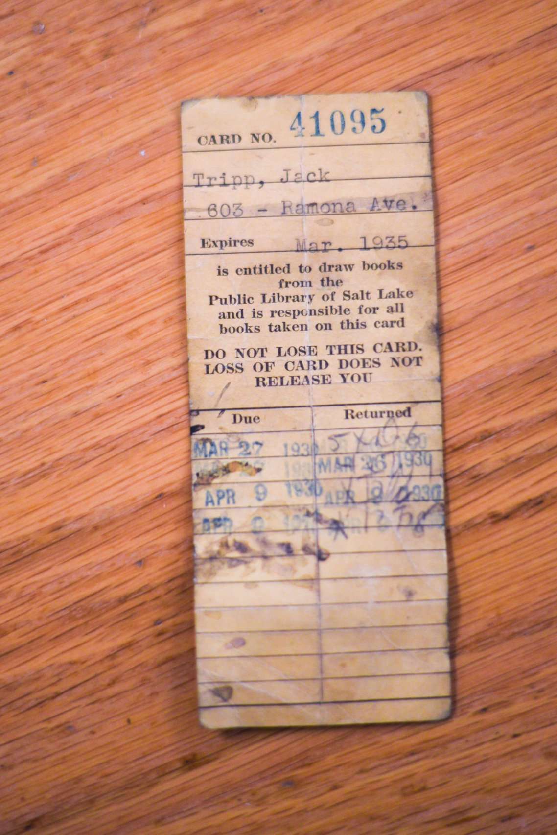 Along with the books, crews uncovered a library card from the 1930s that belonged to a Jack Tripp. (Photo: The Salt Lake City Public Library, Facebook)