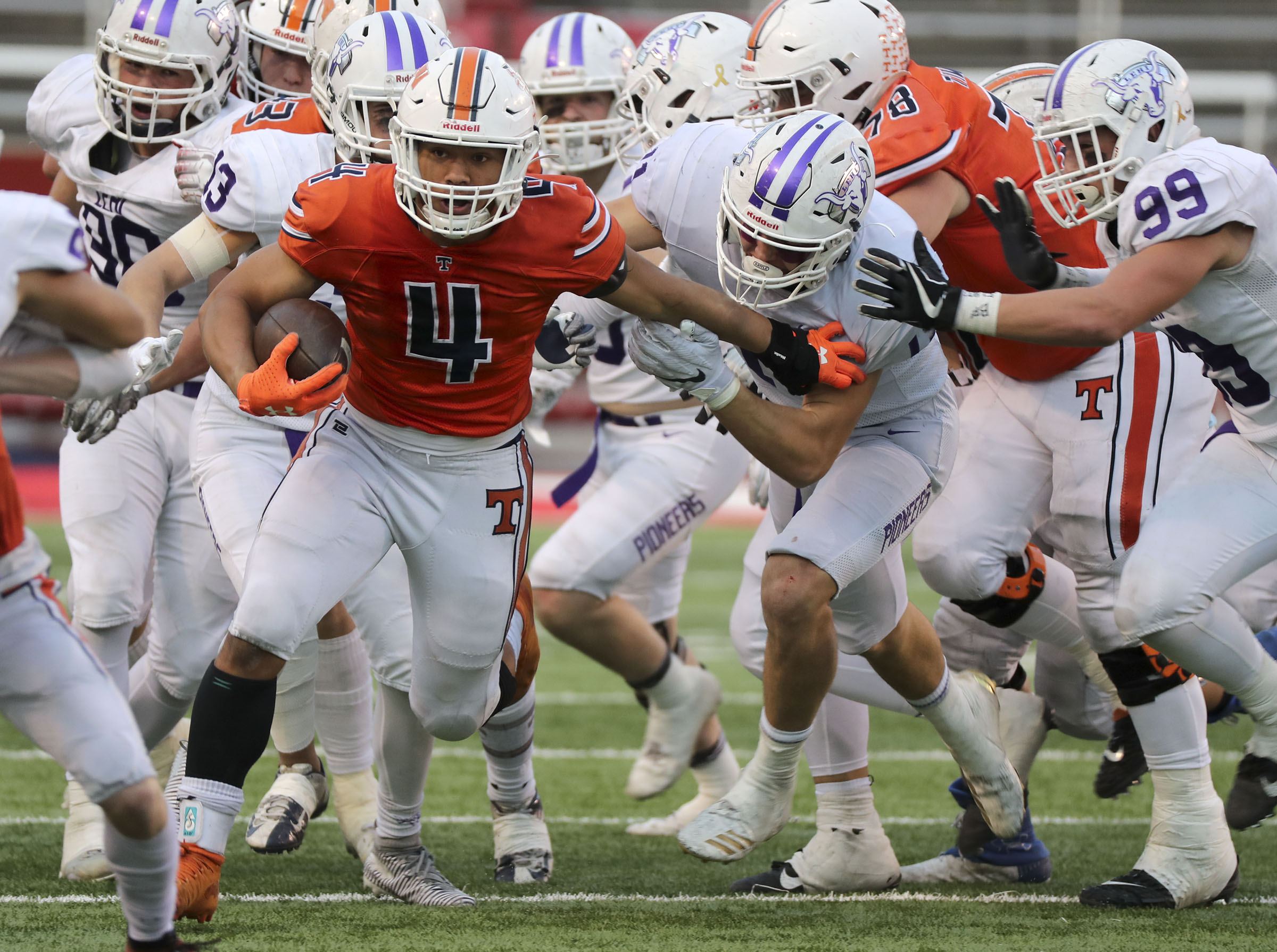 Timpview's Sione Moa runs with the ball during the 5A football semifinal game against Lehi at Rice-Eccles Stadium in Salt Lake City on Thursday, Nov. 14, 2019. Timpview won 35-7. (Photo: Kristin Murphy, KSL)