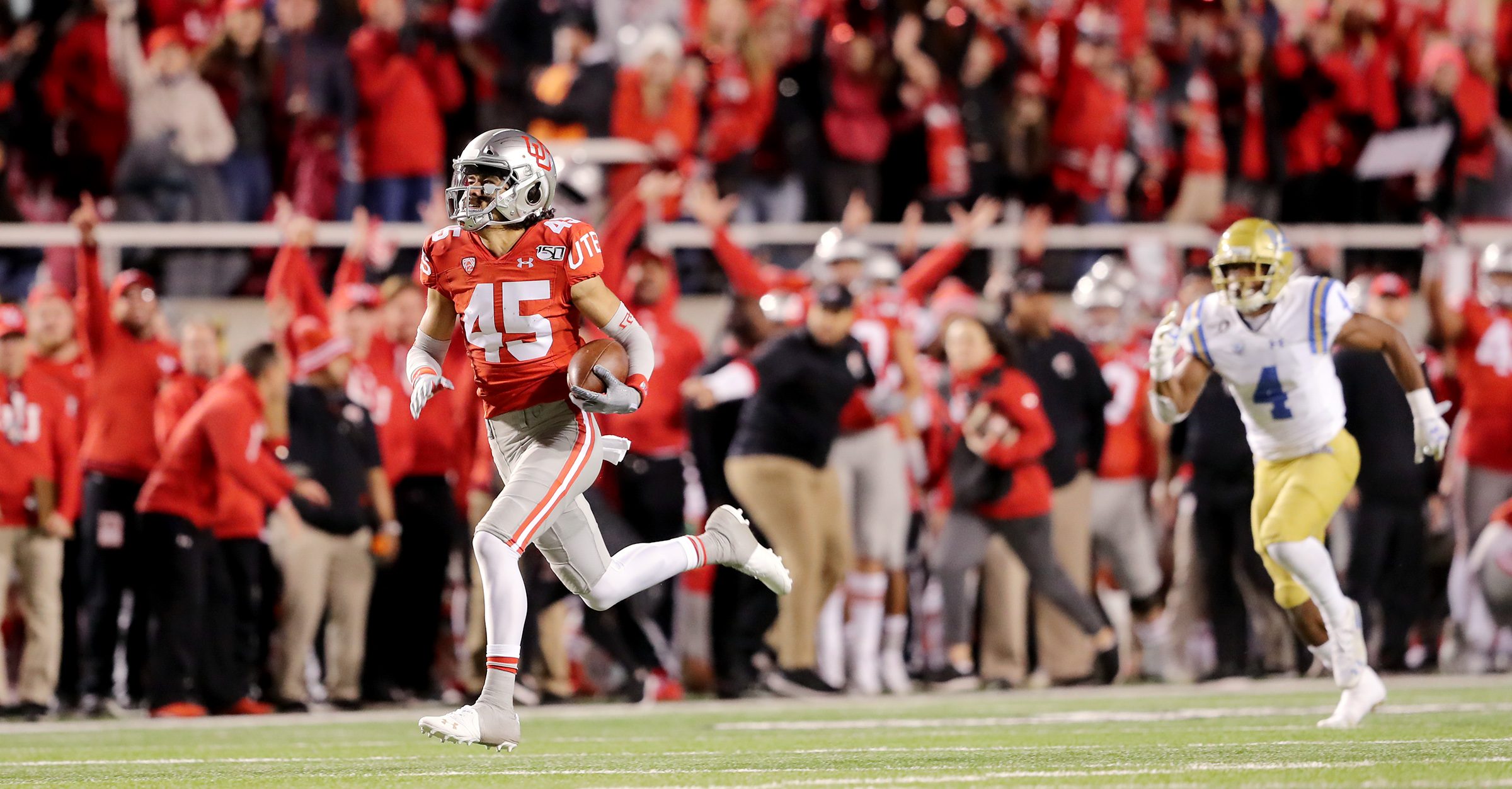 Utah Utes wide receiver Samson Nacua (45) breaks away for a touchdown as Utah and UCLA play a college football game in Salt Lake City at Rice-Eccles Stadium on Saturday, Nov. 16, 2019. Utah won 49-3.